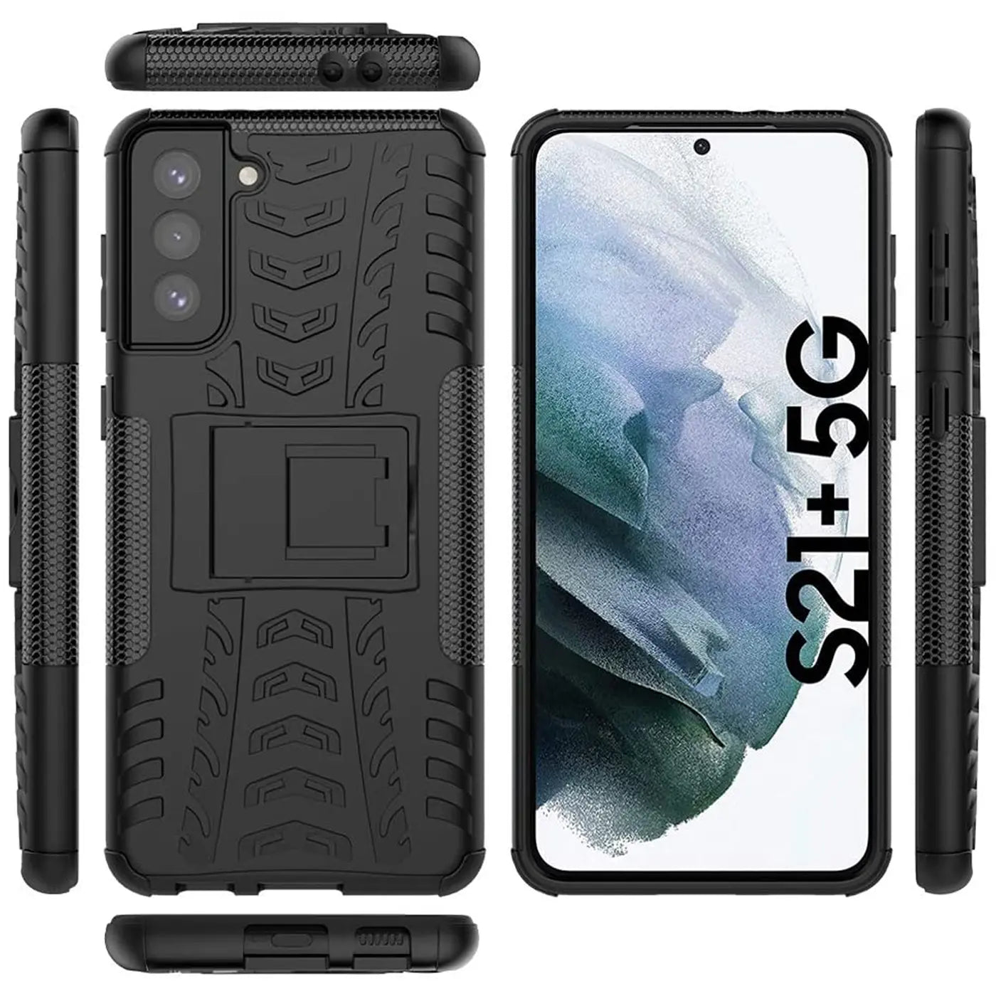Schwarze Outdoor-Hülle aus Kunststoff mit Ständer für Samsung Galaxy S21+ 5G, verschiedene Ansichten.