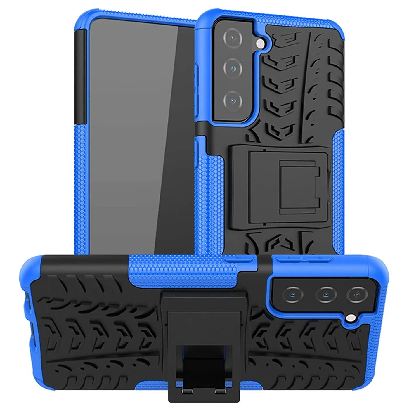 Blaue und schwarze Outdoor-Hülle mit Ständer für Samsung Galaxy S22, von vorne und von unten gezeigt.
