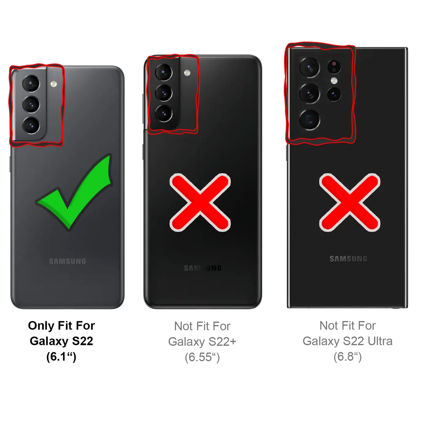 Drei Samsung-Smartphones, Rückansicht. Links passt, Mitte/Rechts nicht.