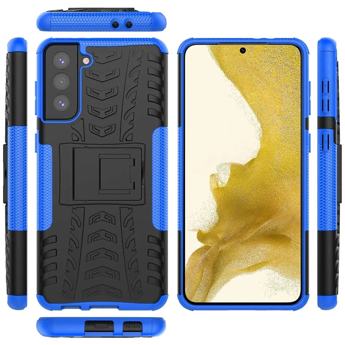Blauer und schwarzer Handy-Schutz, 2-teilig, mit Ständer, für Samsung S22 Plus.