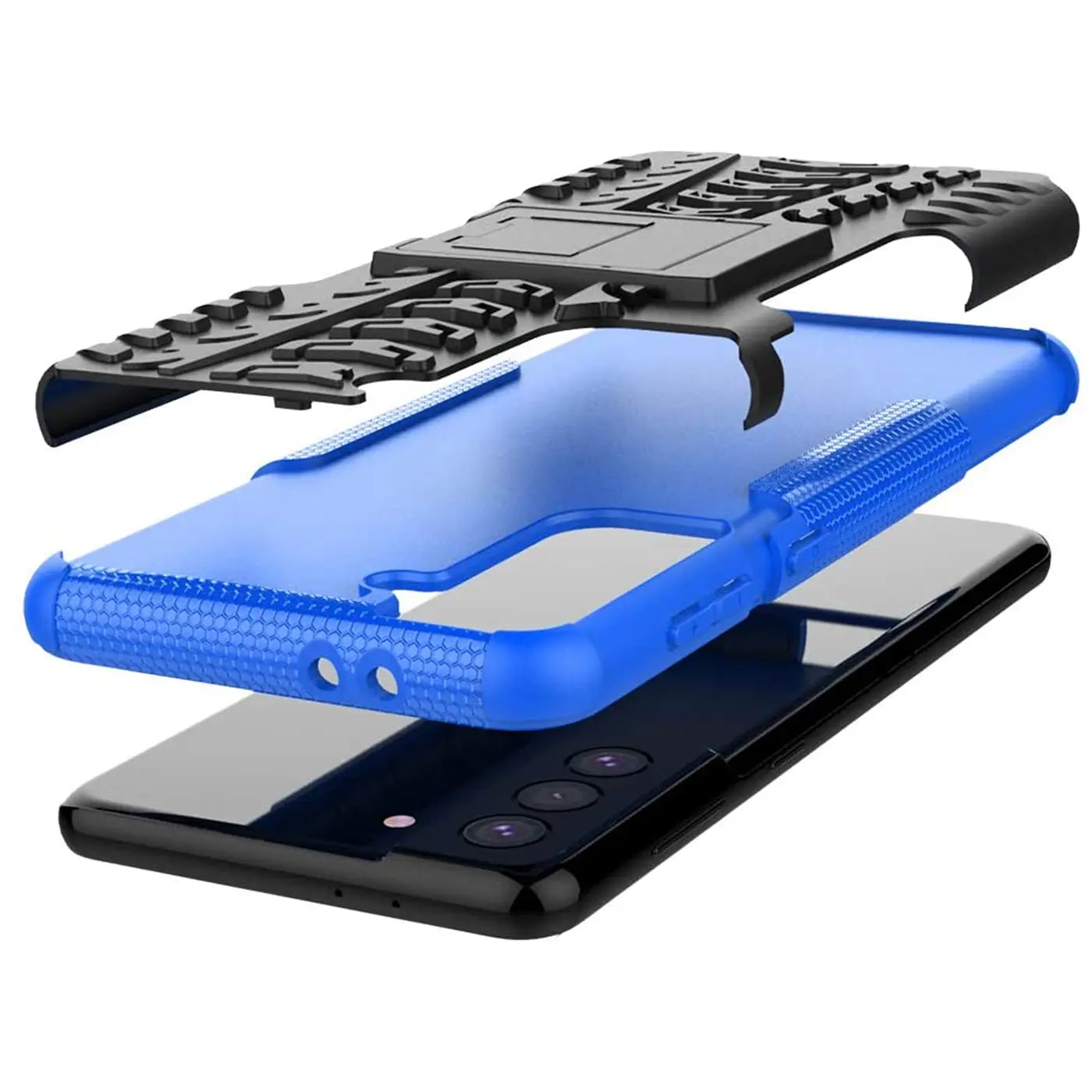Blaues 2-teiliges Outdoor-Handyhülle-Set aus Kunststoff, das auf einem schwarzen Samsung Galaxy S22 Plus liegt.