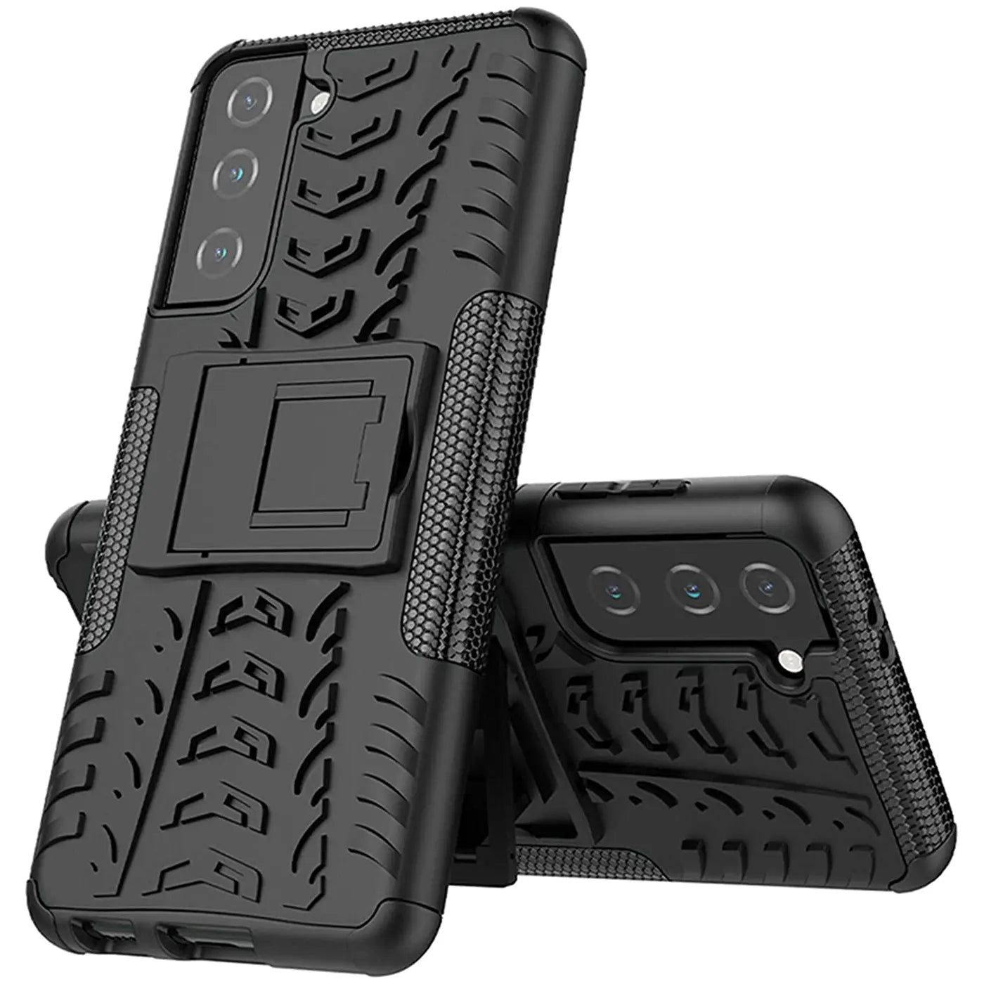 Schwarze Outdoor-Hülle aus Gummi mit Ständer für Samsung S22 Plus, von vorne schräg
