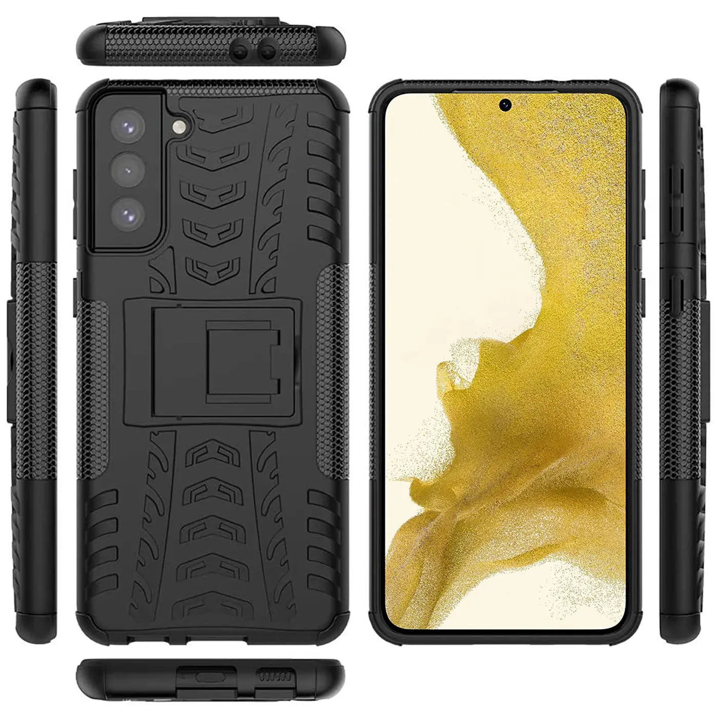 Schwarze Outdoor-Hülle aus Kunststoff mit Ständer für Samsung Galaxy S22 Plus, verschiedene Ansichten.