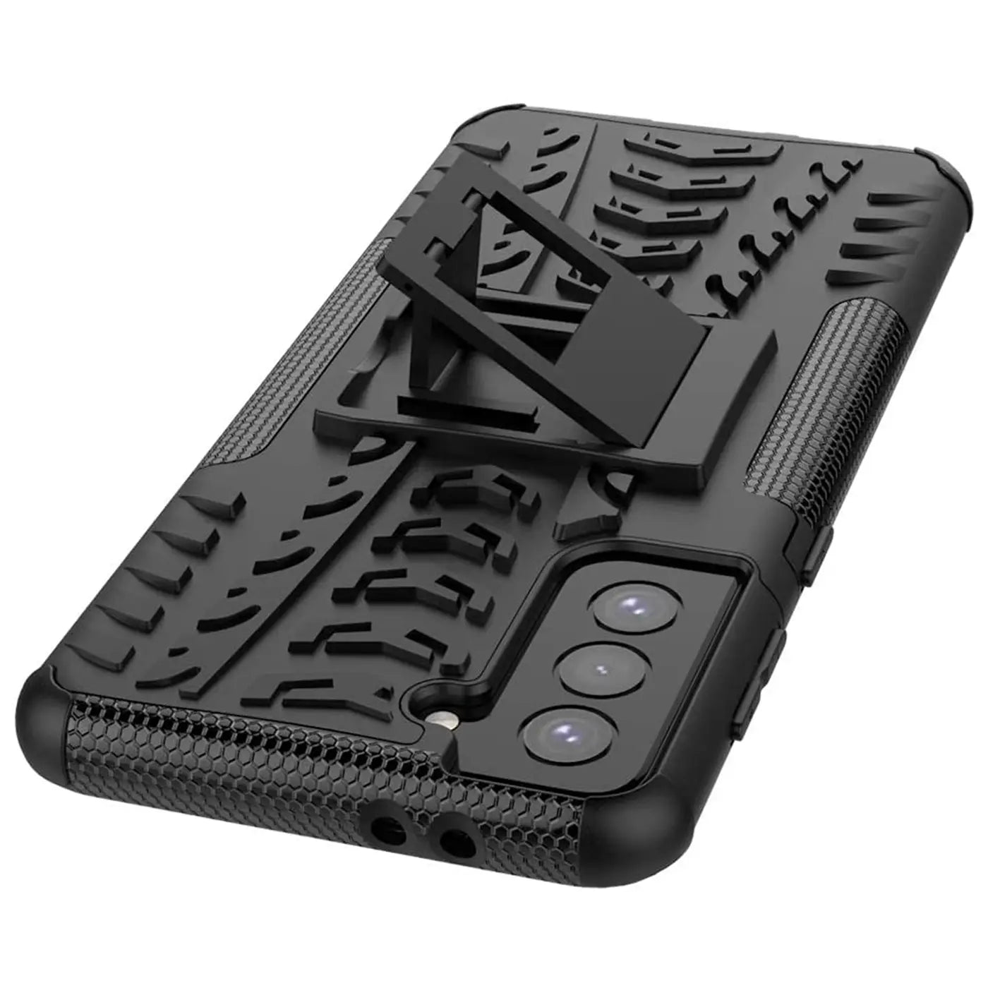 Schwarze Outdoor-Hülle aus Kunststoff mit Ständer für Samsung Galaxy S22 Plus, von oben rechts gesehen.