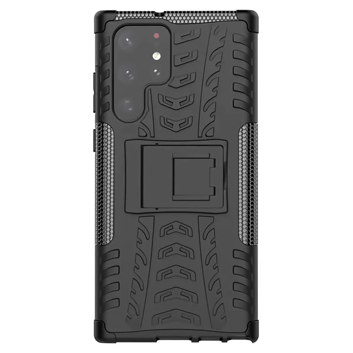Schwarze Outdoor-Hülle aus Kunststoff mit Ständer für Samsung Galaxy S22 Ultra, Rückansicht.
