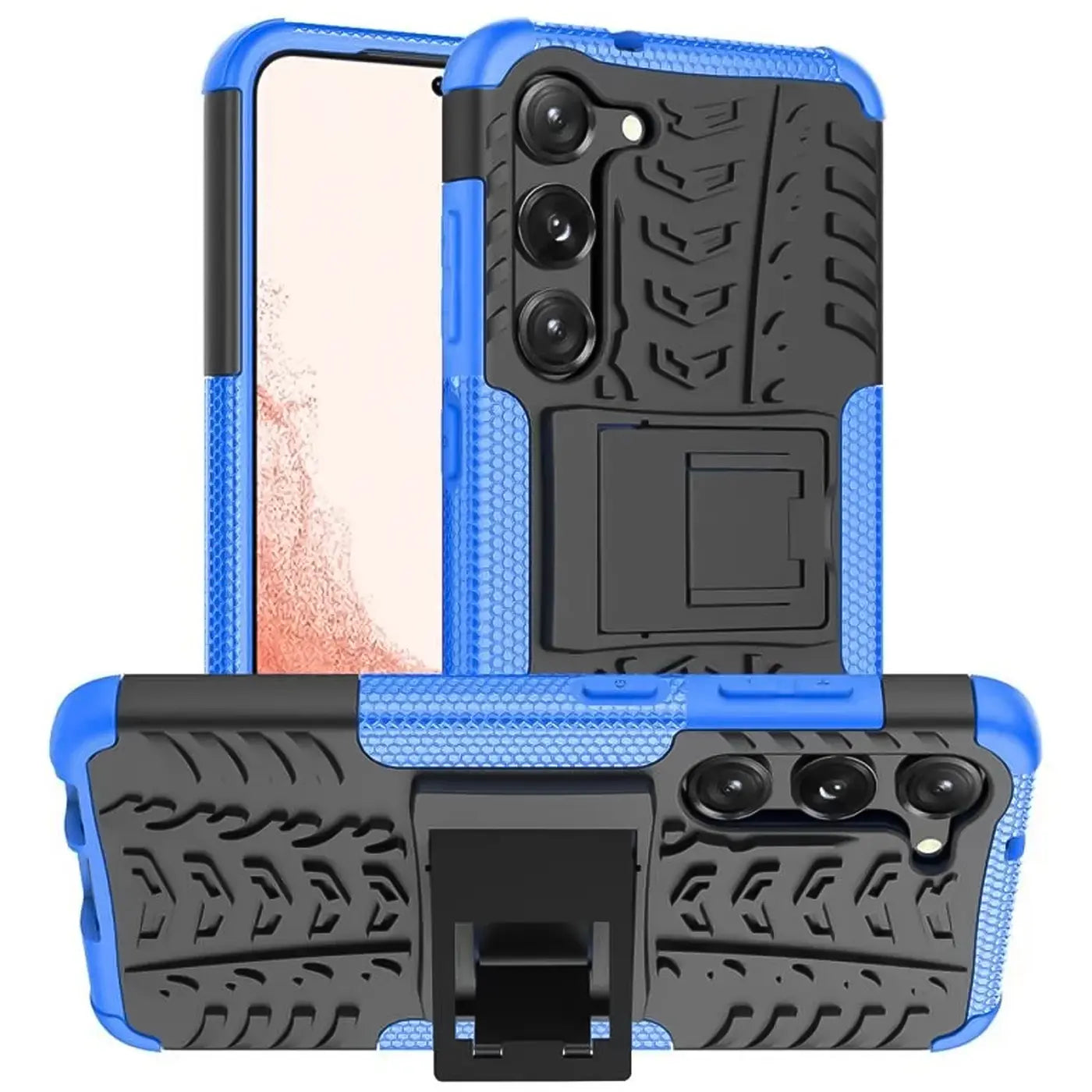 Blaue und schwarze Outdoor-Hülle mit Reifenprofil für Samsung Galaxy S23, 2-teilig, mit Ständer.