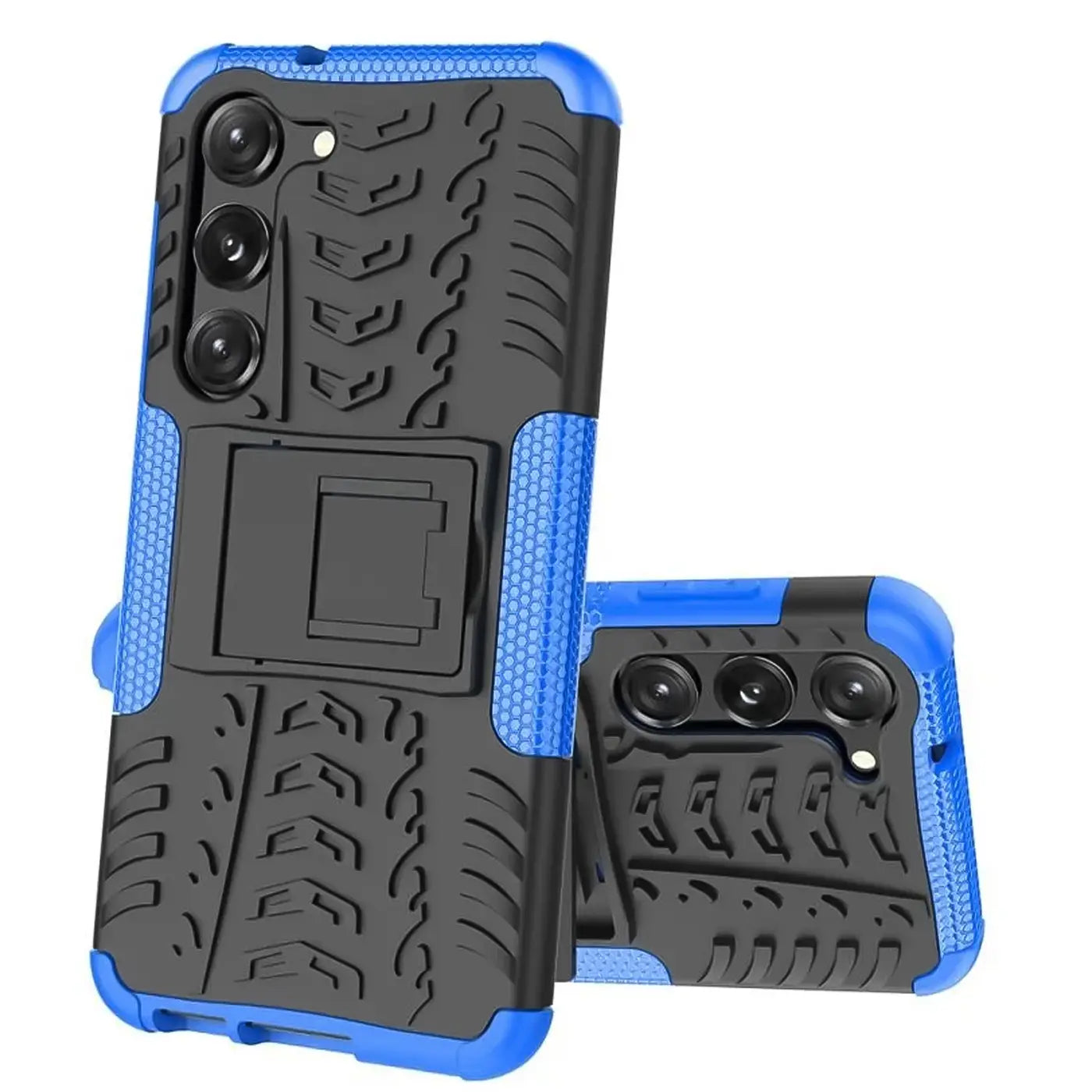 Blaue und schwarze Outdoor-Hülle mit Ständer für Samsung Galaxy S23, von vorne schräg