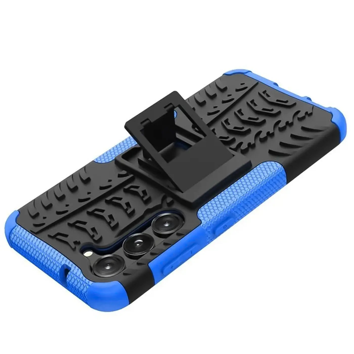 Blau-schwarze Handyhülle aus Kunststoff mit integriertem Ständer, Rückseite mit Reifenprofil, Samsung S23 sichtbar.
