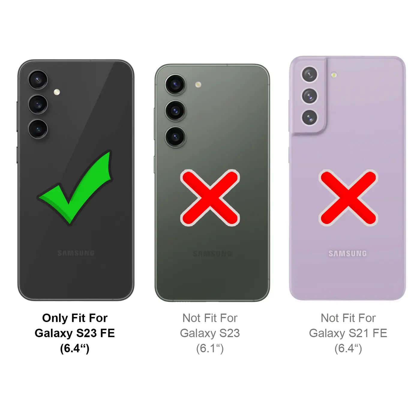 Drei Rückseiten von Samsung-Smartphones: S23 FE mit Haken, S23 & S21 FE mit Kreuz.