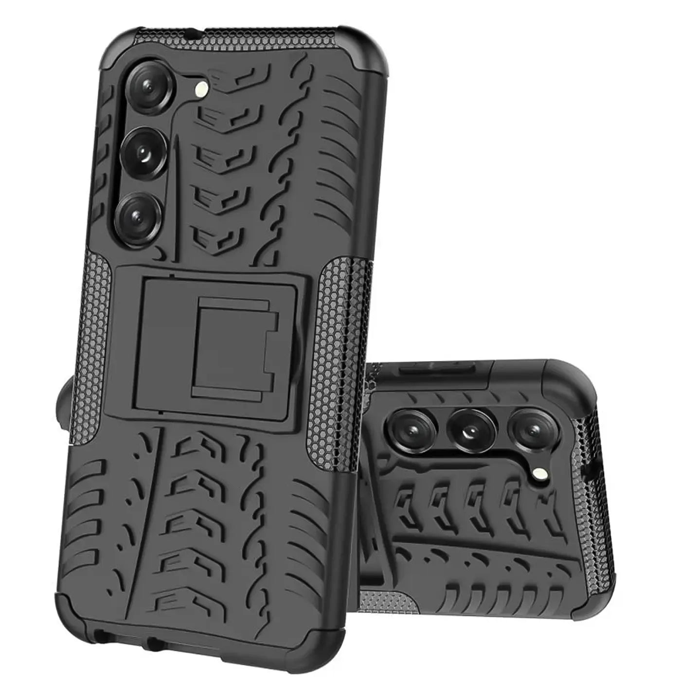 Schwarze Outdoor-Hülle aus Kunststoff mit Ständer für Samsung Galaxy S23 FE, Vorderansicht.