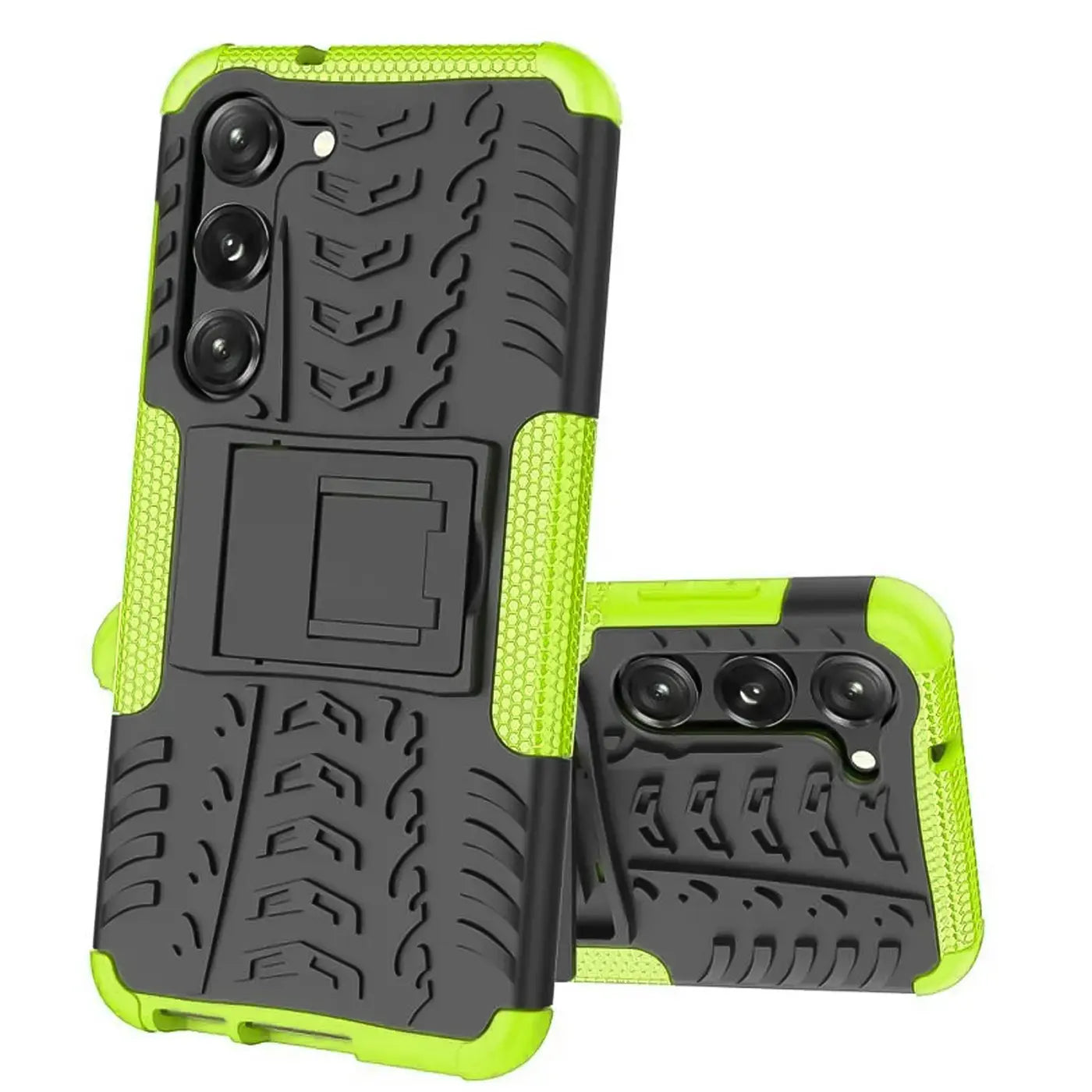 Grüne und schwarze Outdoor-Hülle für Samsung Galaxy S23, 2-teilig, mit Ständer.
