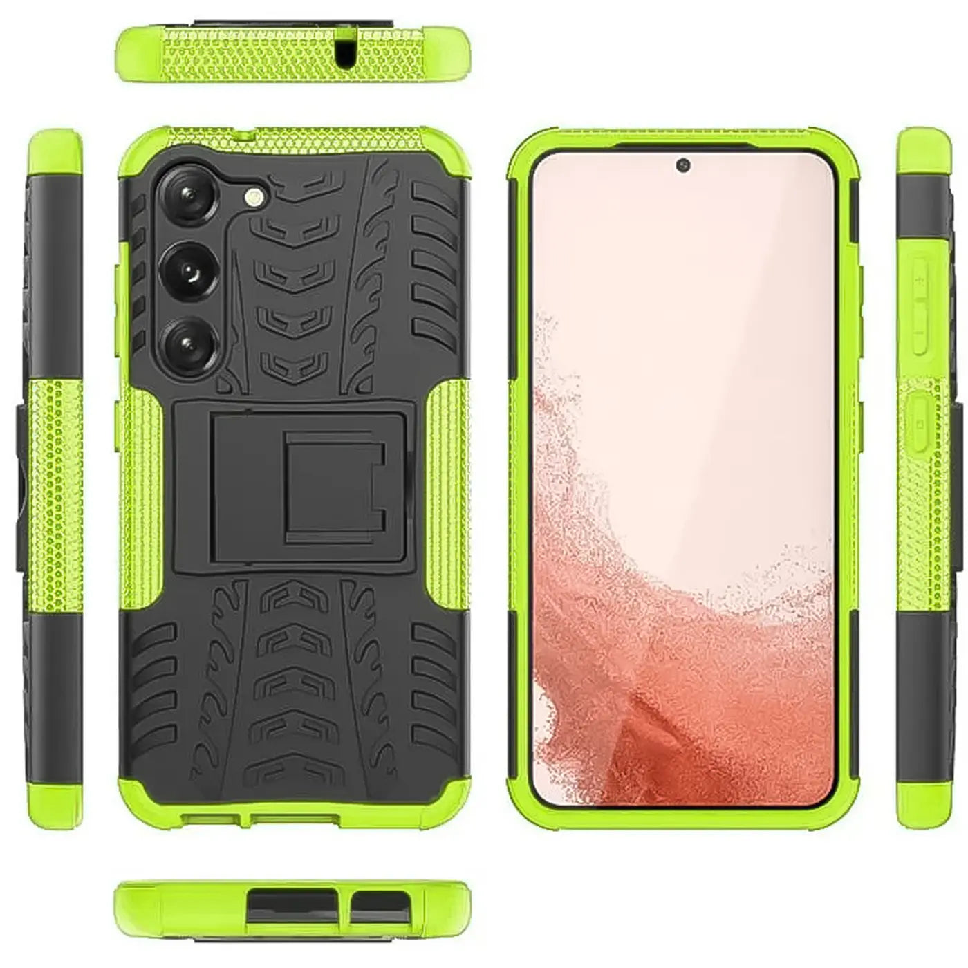 Grüne und schwarze Handyhülle aus Kunststoff mit Ständer, Vorder- und Rückansicht, Samsung S23.