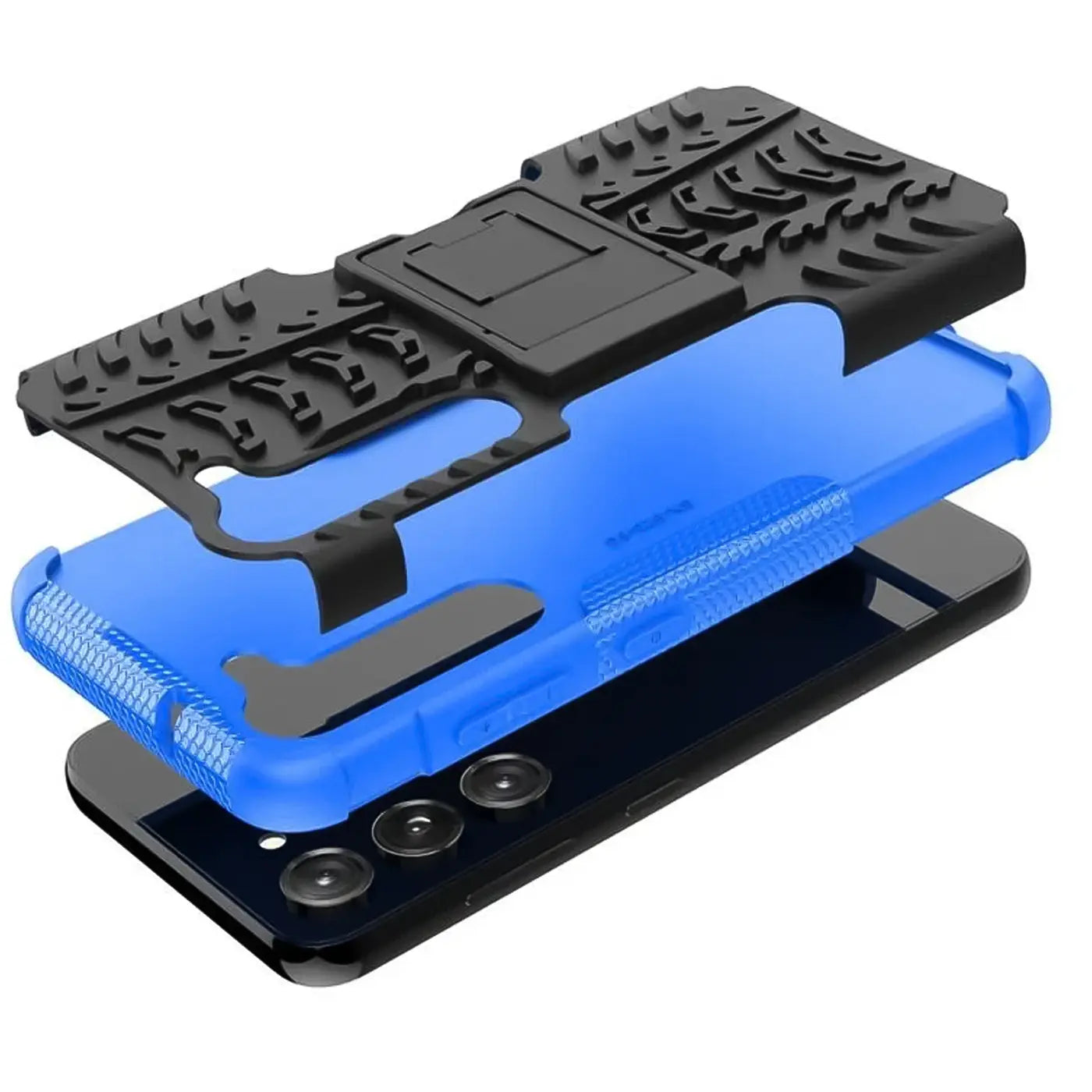 Zweiteilige Handyhülle, blau/schwarz, Kunststoff, von oben, Samsung S23 Plus.