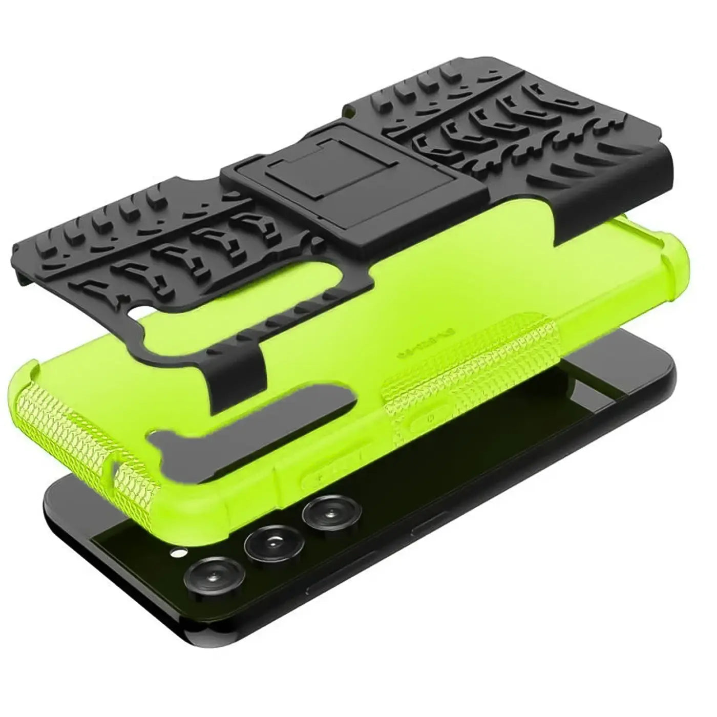 Zweiteilige Hülle in Neongrün und Schwarz, 2-teilig, mit integriertem Ständer, für Samsung Galaxy S23 Plus.