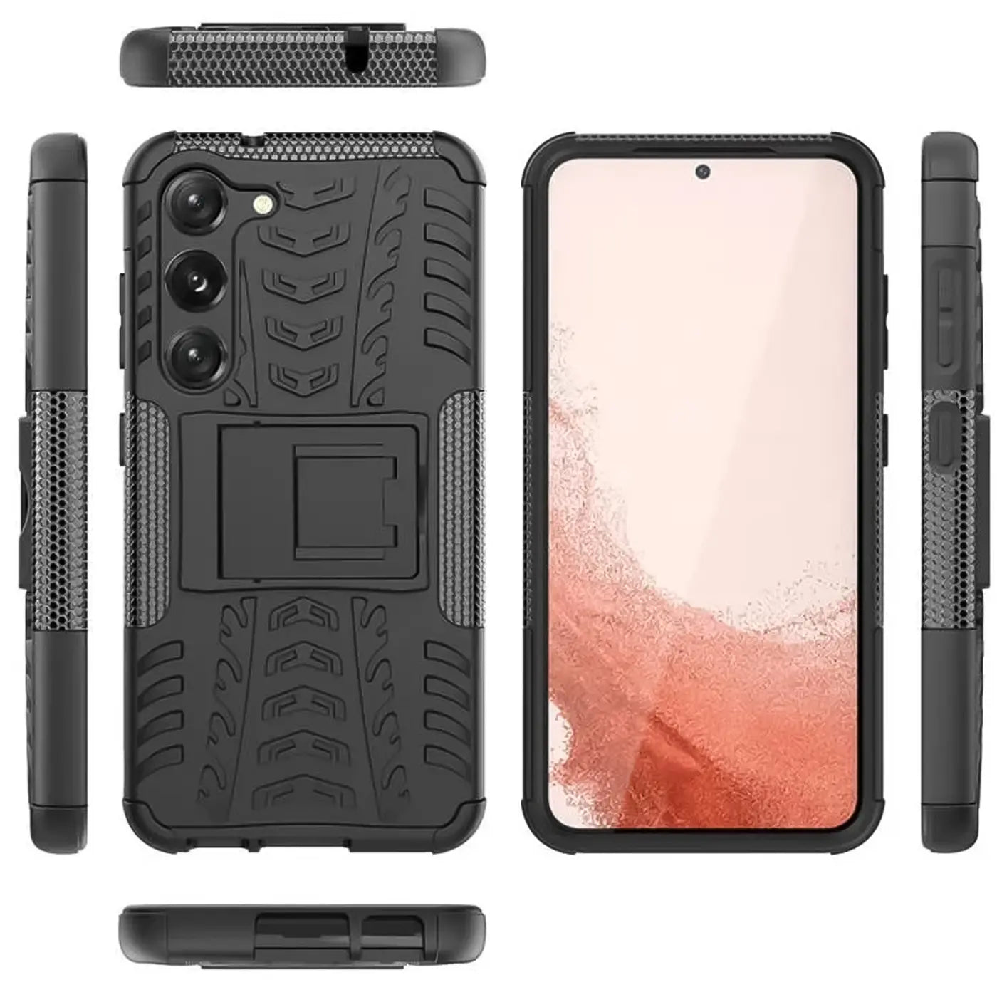 Schwarze Outdoor-Hülle aus Kunststoff mit Ständer für Samsung S23 Plus, verschiedene Ansichten.