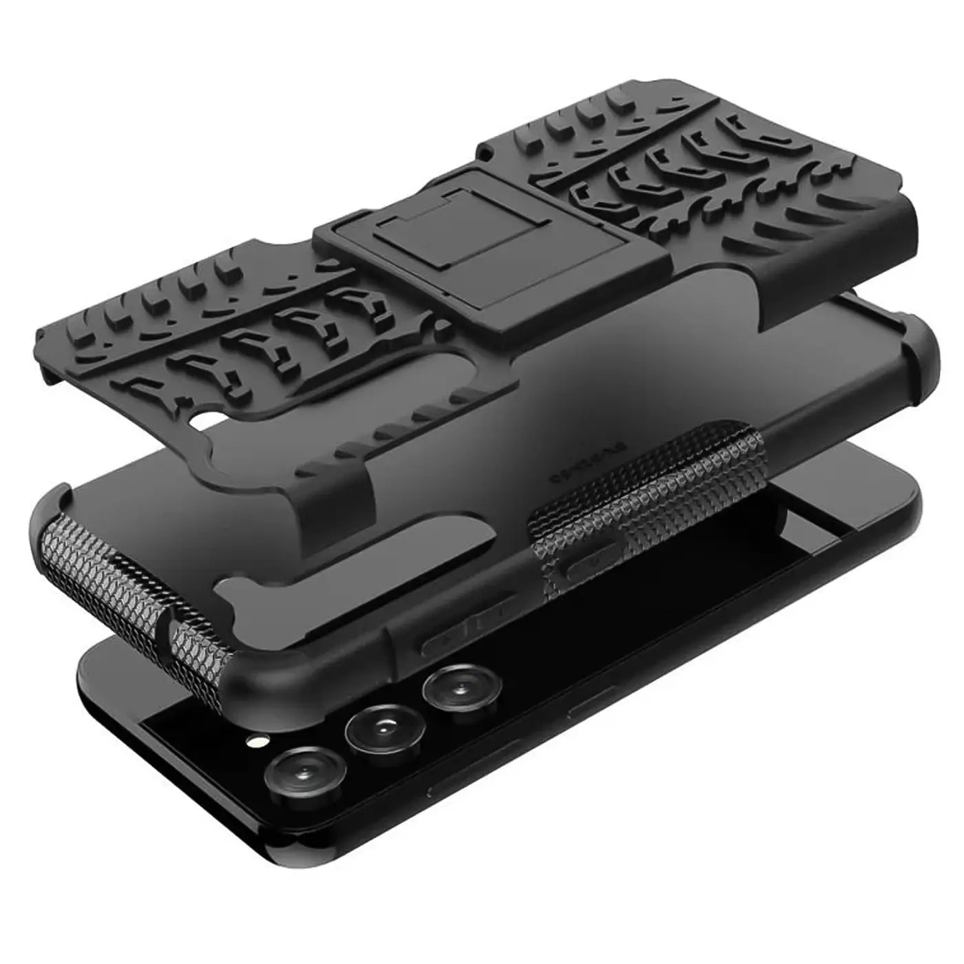 Schwarze 2-teilige Outdoor-Hülle aus Kunststoff für Samsung Galaxy S23 Plus, Seitenansicht.