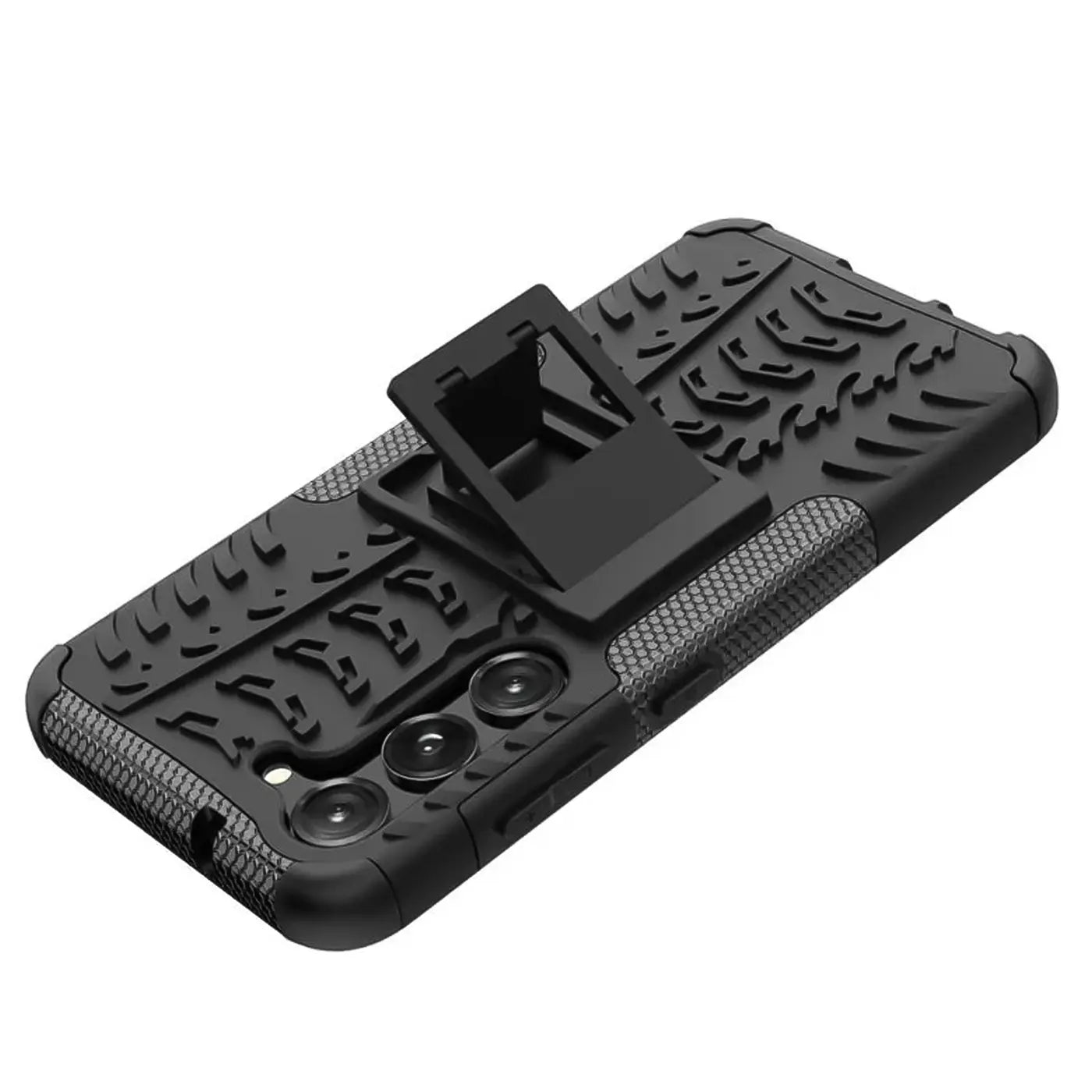 Schwarze Outdoor-Hülle aus Kunststoff mit Ständer für Samsung Galaxy S23 Plus, von schräg oben gezeigt.