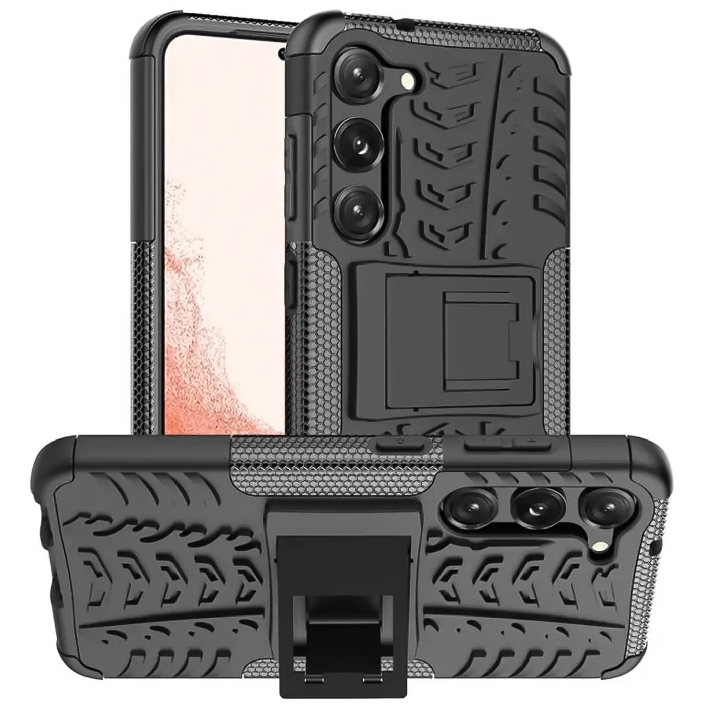 Schwarze Outdoor-Hülle aus Kunststoff mit Ständer für Samsung Galaxy S23, von vorne und hinten