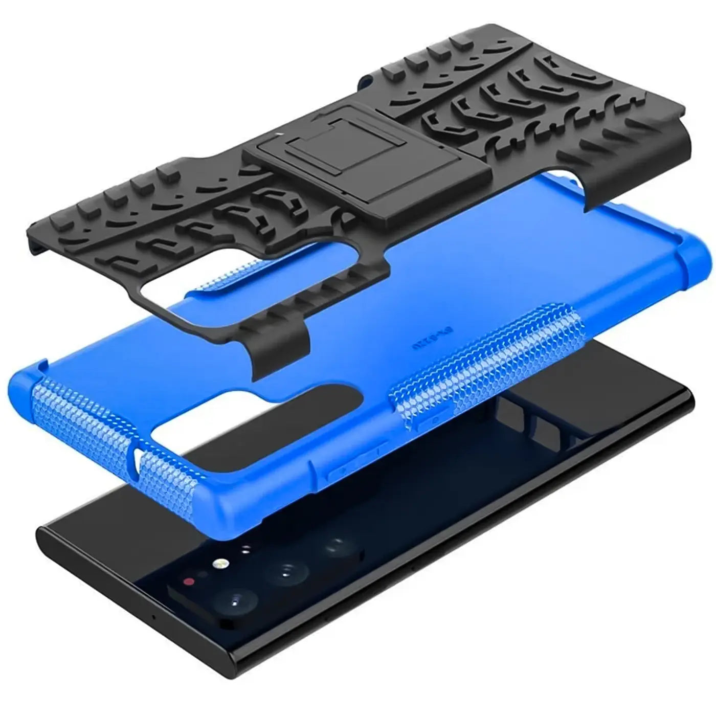 Blaues und schwarzes 2-teiliges Handy-Schutzgehäuse mit Ständer, auf Samsung S23 Ultra