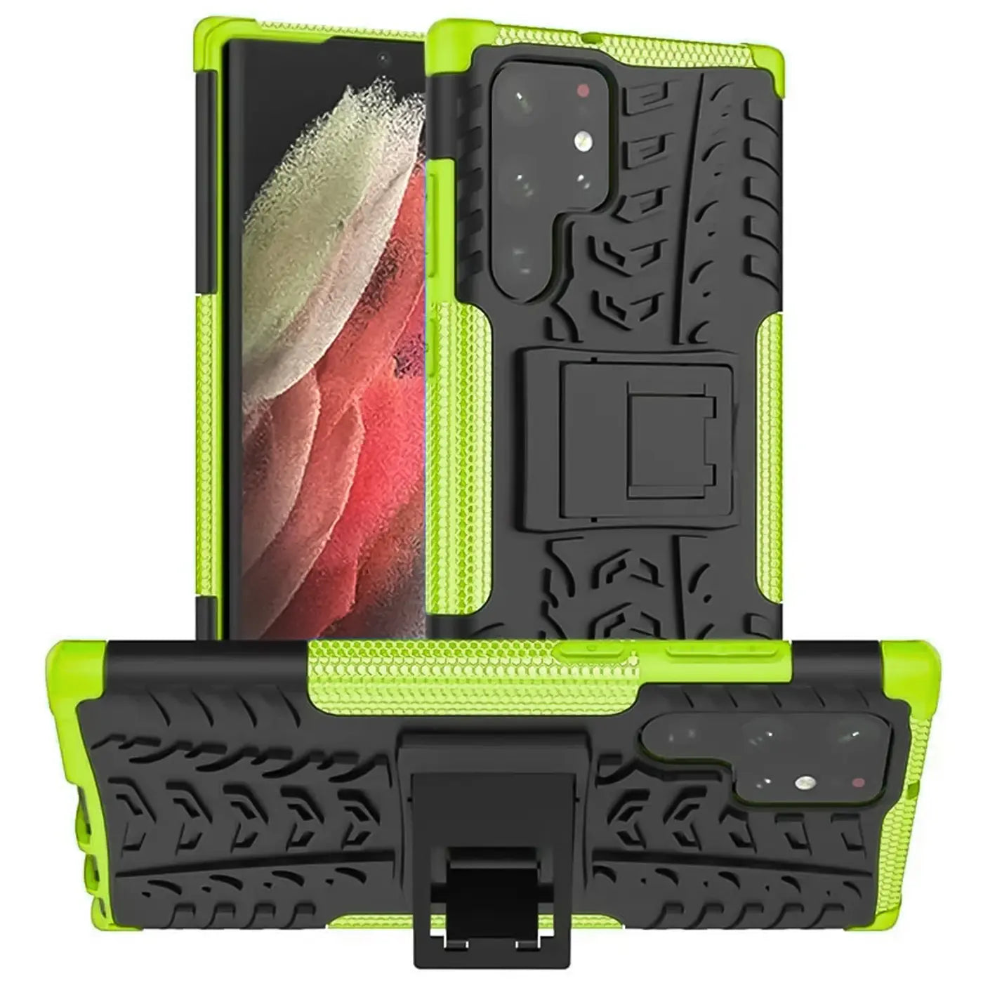 Grüne und schwarze Outdoor-Hülle aus Kunststoff für Samsung Galaxy S23 Ultra, von vorne und unten gezeigt.