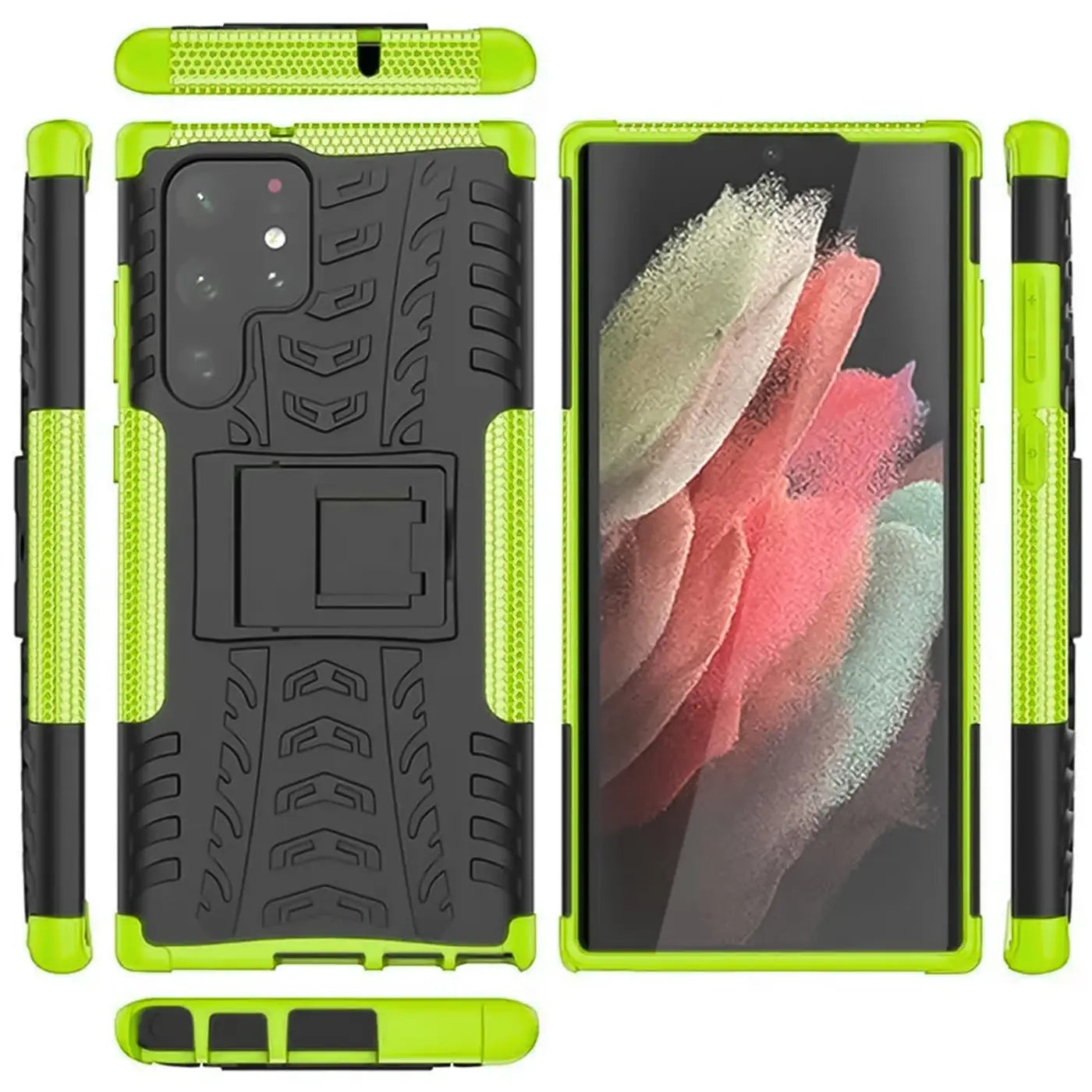Grüne und schwarze Outdoor-Hülle mit Ständer für Samsung S23 Ultra, verschiedene Ansichten.