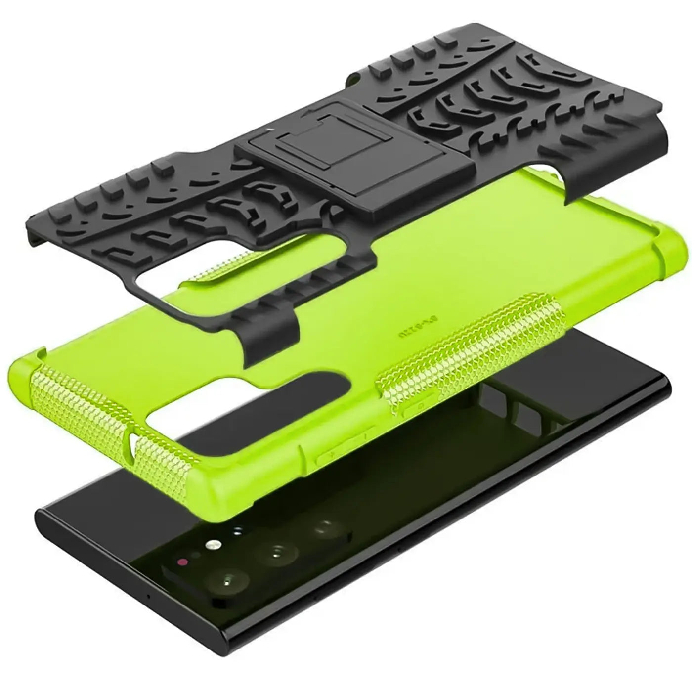 Grüne und schwarze 2-teilige Handyhülle aus Kunststoff mit Ständer, auf Samsung S23 Ultra gelegt.