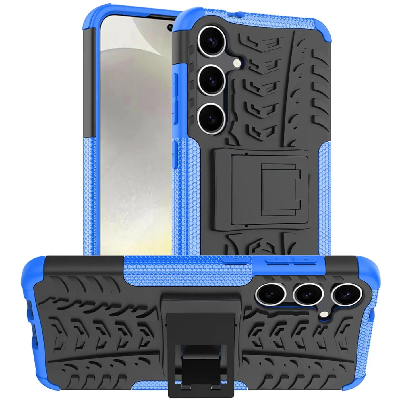 Blaue und schwarze Outdoor-Hülle mit Ständer für Samsung Galaxy S24, von vorne und hinten