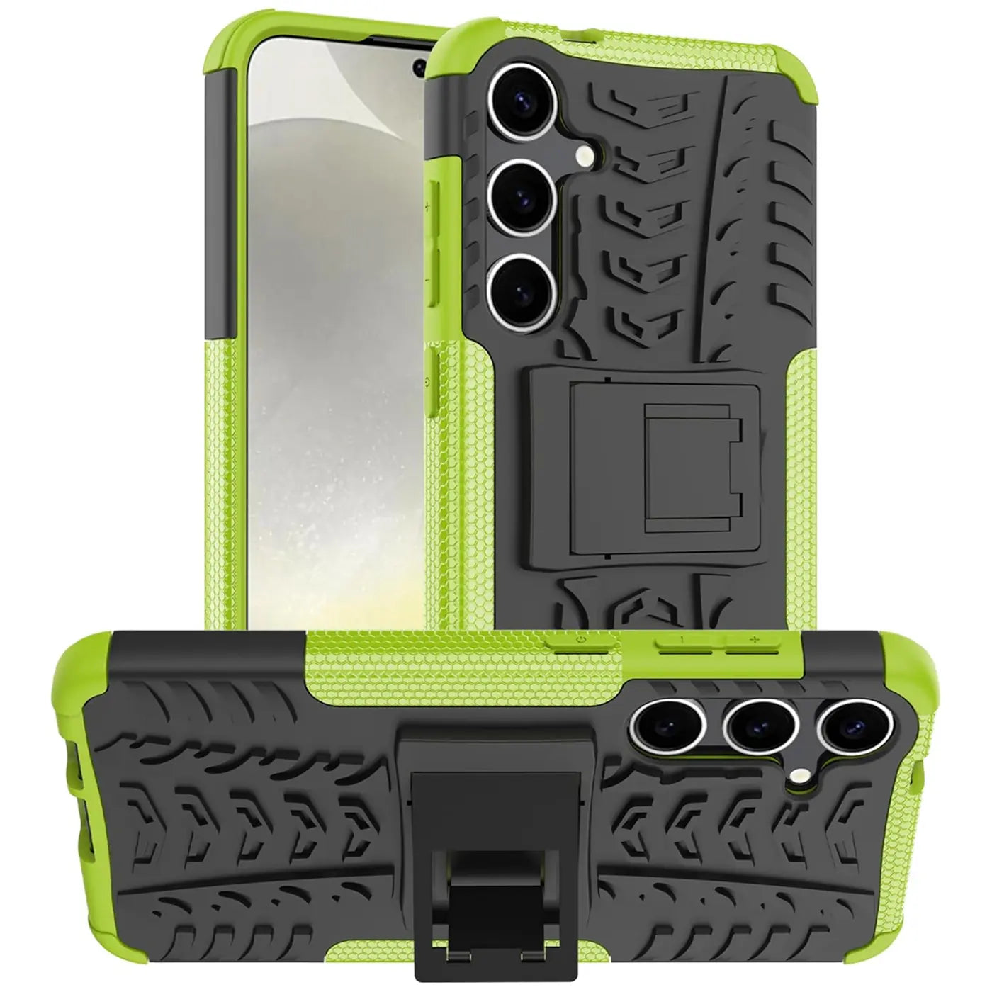 Grüne und schwarze Outdoor-Hülle mit Ständer für Samsung Galaxy S24, von vorne und hinten gezeigt.