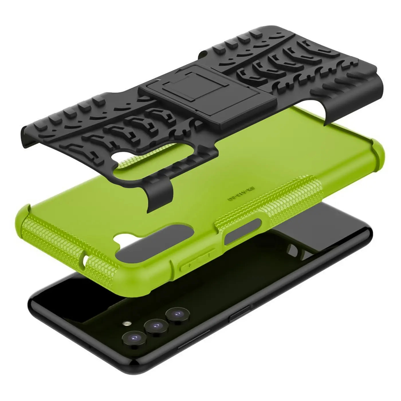 Grüne und schwarze 2-teilige Handyhülle aus Kunststoff, zerlegt, mit Samsung Galaxy S24.
