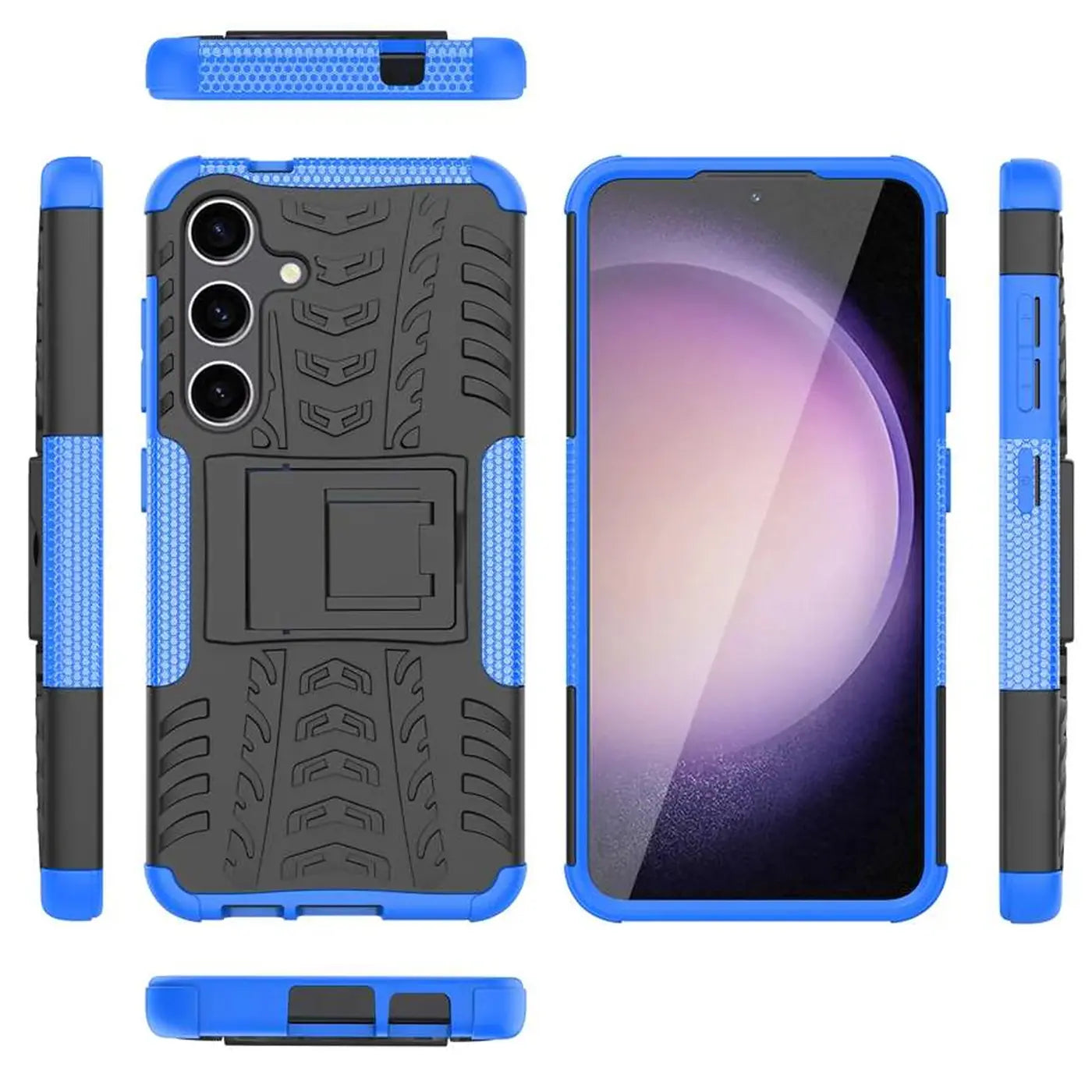 Blaue und schwarze Outdoor-Hülle aus Kunststoff mit Ständer für Samsung Galaxy S24 Plus.