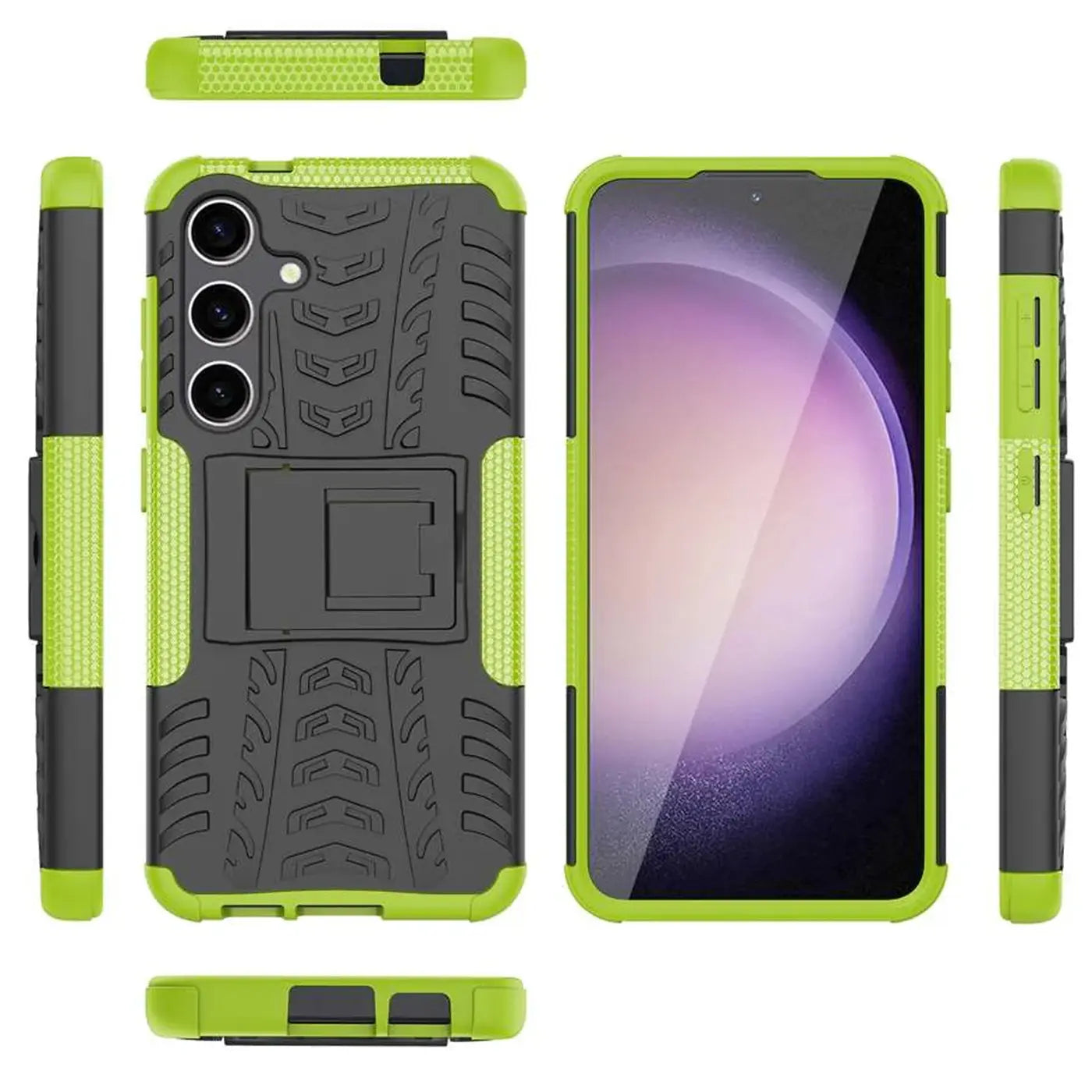Grüne und schwarze Outdoor-Hülle mit Ständer für Samsung Galaxy S24 Plus, aus Kunststoff.