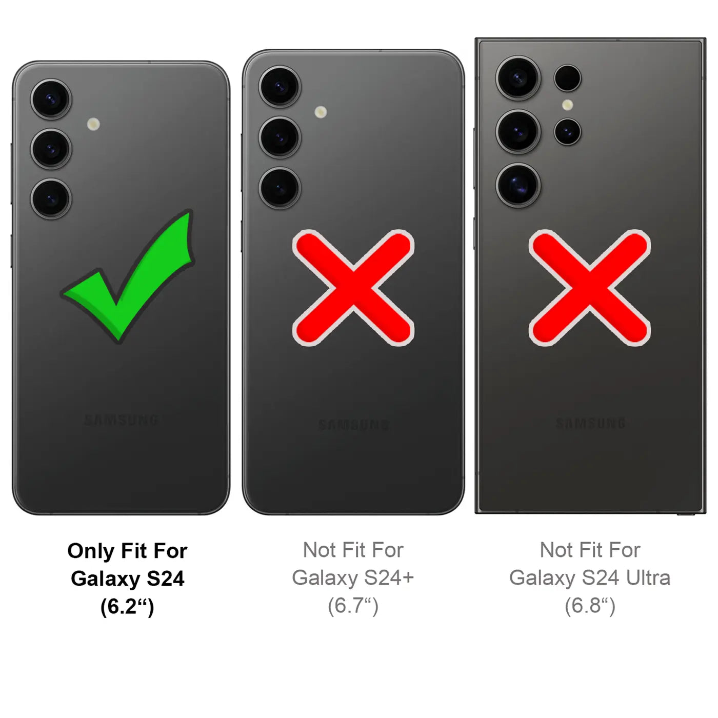 Drei Samsung Galaxy Smartphones, Rückansicht. Links mit grünem Haken, Mitte/rechts mit rotem Kreuz.
