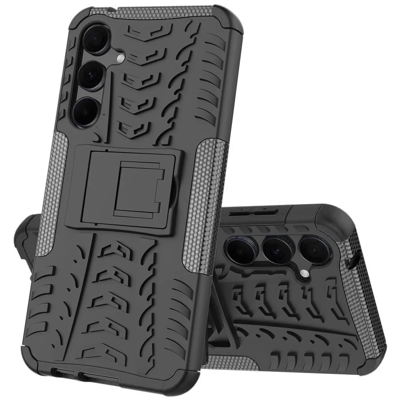 Schwarze Outdoor-Hülle aus Gummi mit Ständer für Samsung Galaxy S24, von vorne schräg