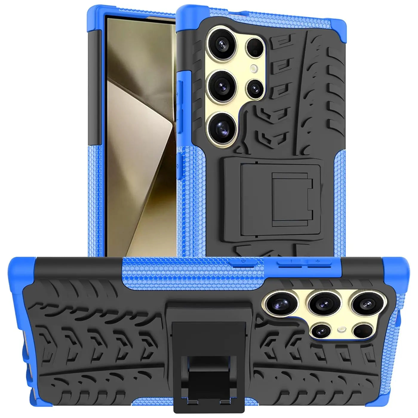 Blau/schwarze Hülle mit Reifenprofil, Ständer, Samsung S24 Ultra.