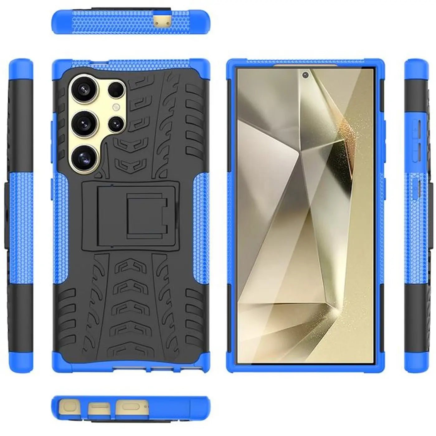 Blau/schwarze Outdoor-Hülle mit Ständer für Samsung Galaxy S24 Ultra, von vorne und Seite gezeigt.
