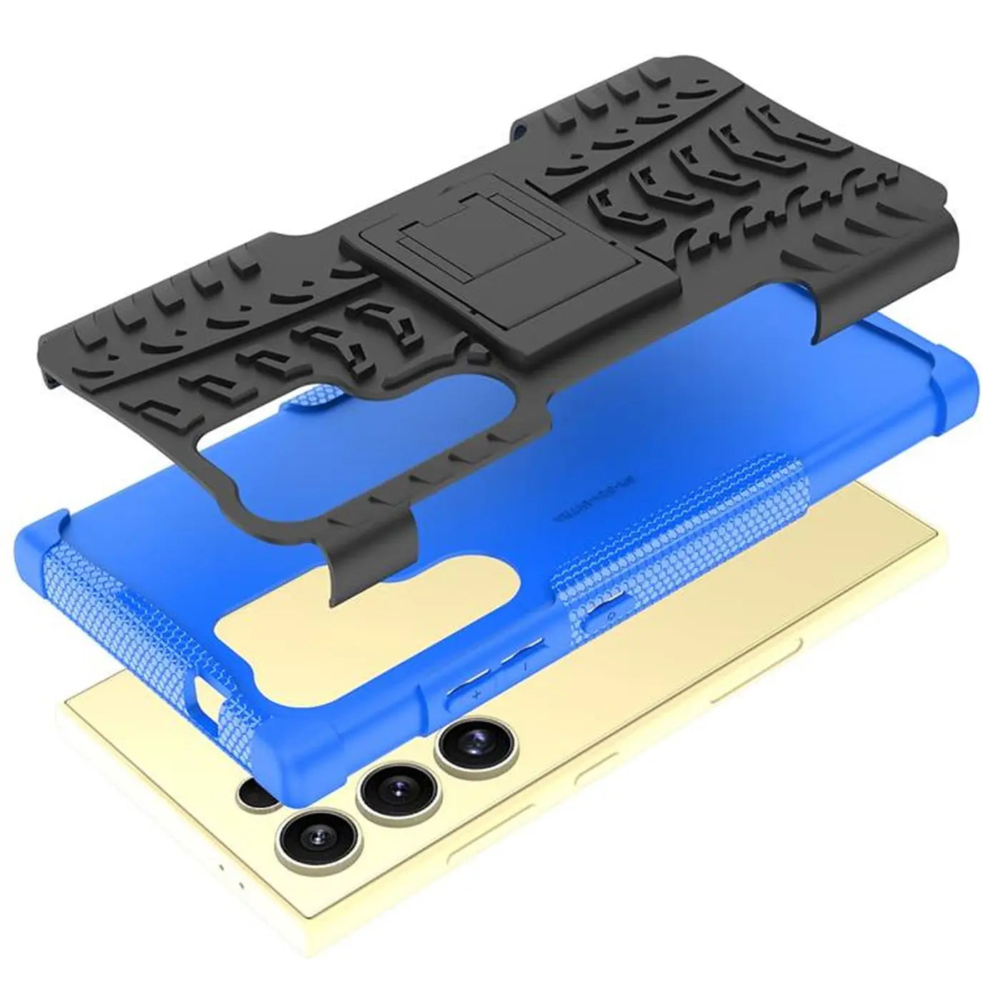 Blaues und schwarzes 2-teiliges Handyhülle-Zubehör mit Ständer, auf Samsung S24 Ultra liegend.