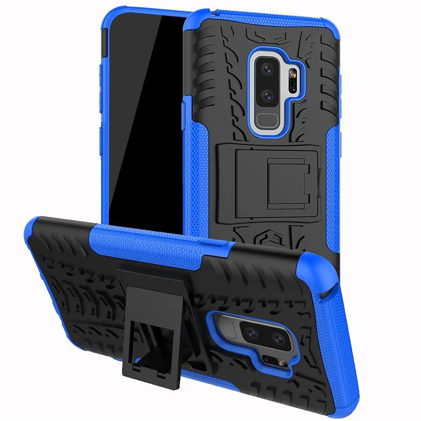 Blauer und schwarzer Handyhülle aus Kunststoff mit Ständer für Samsung Galaxy S9, von vorne unten.