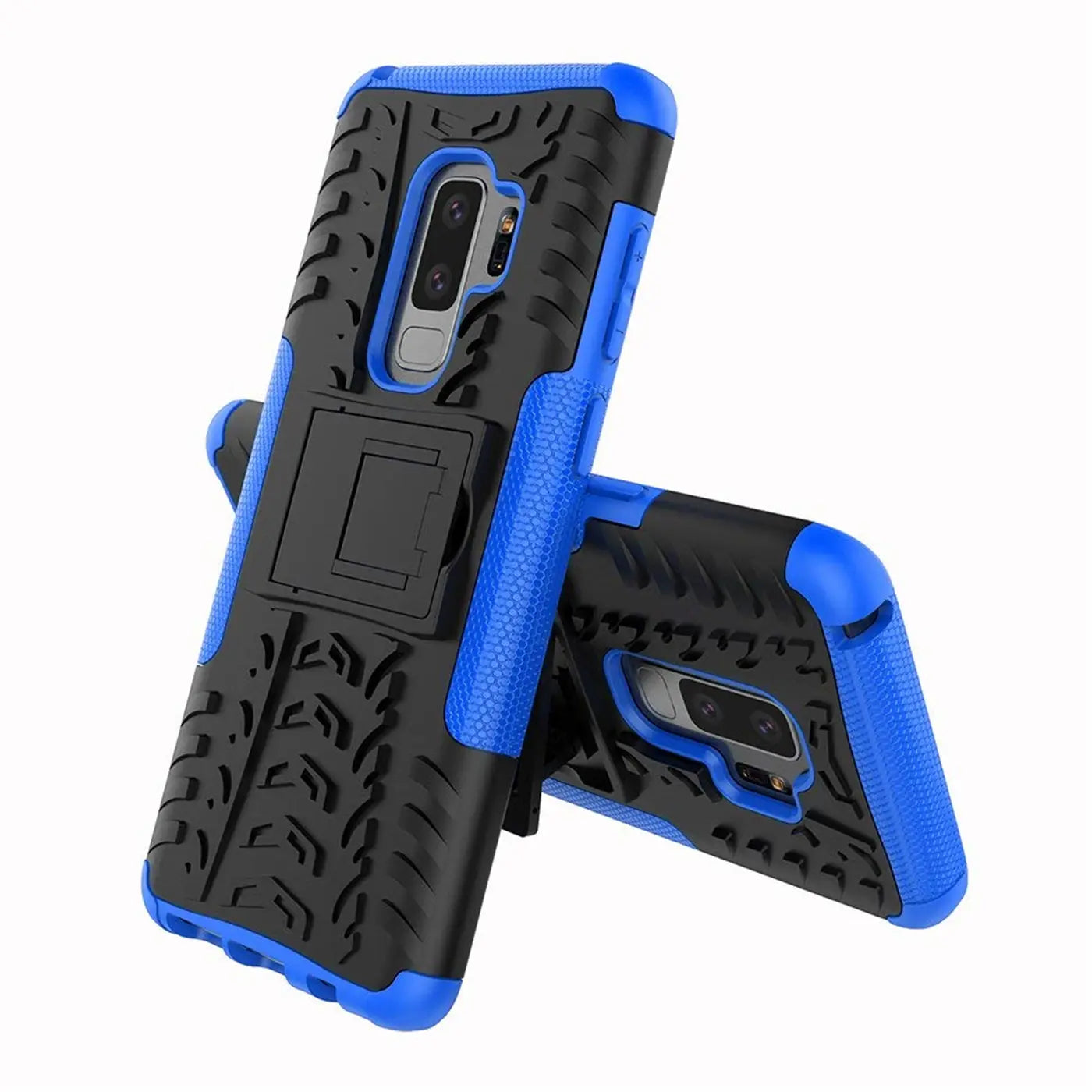 Zwei blaue und schwarze Samsung Galaxy S9 Hüllen, aus Kunststoff, mit Ständer, von vorne.