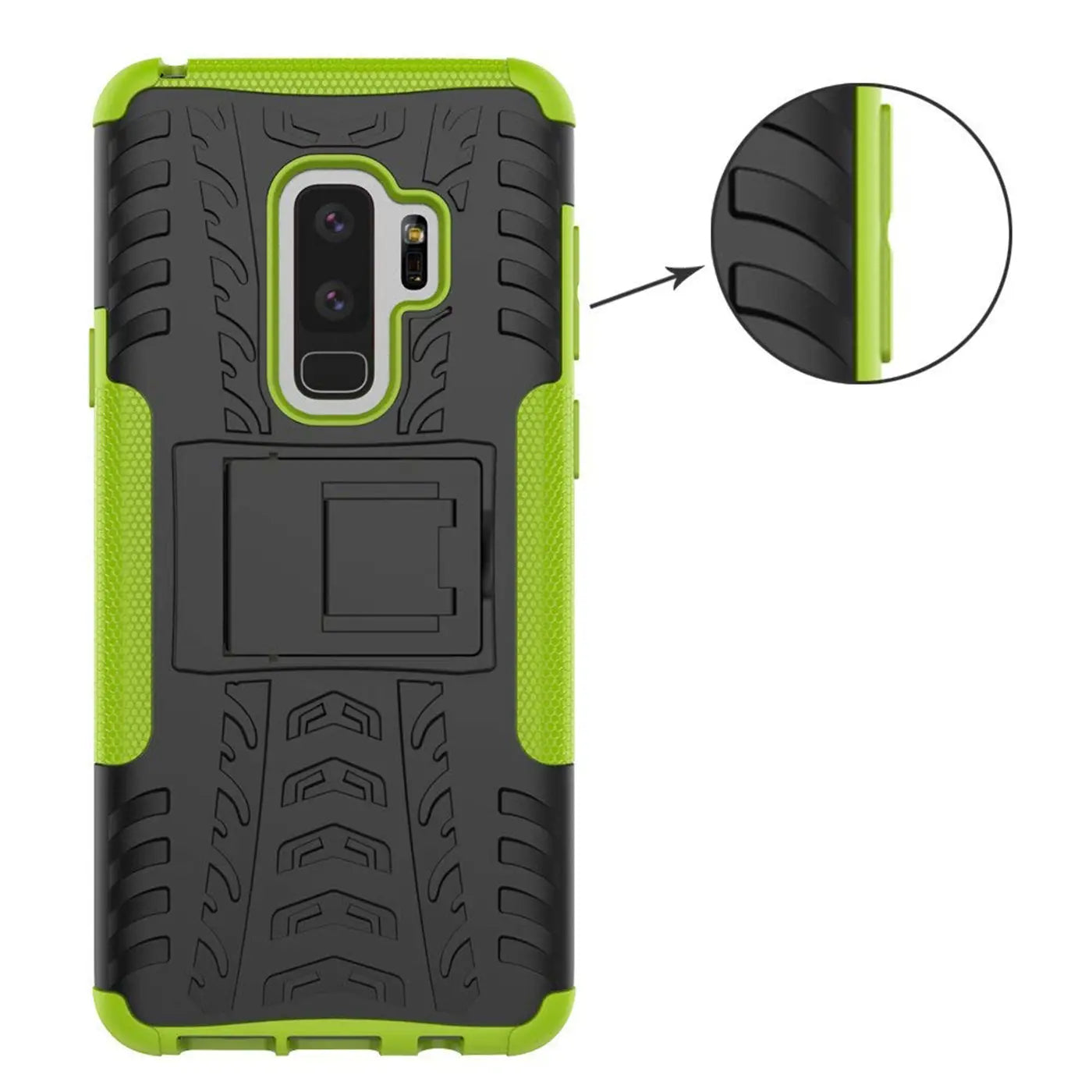 Schwarze und grüne Outdoor-Hülle für Samsung Galaxy S9, 2-teilig, stoßfest, mit integriertem Ständer.