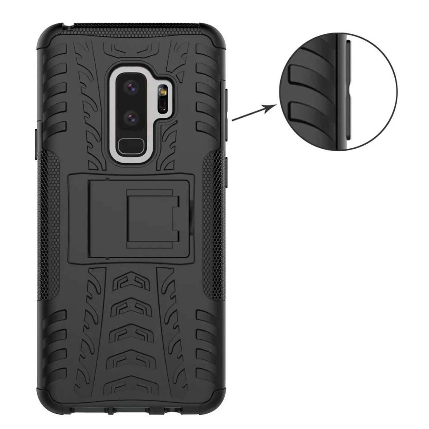 Schwarze Outdoor-Hülle aus Kunststoff mit Ständer für Samsung Galaxy S9, Rückansicht.