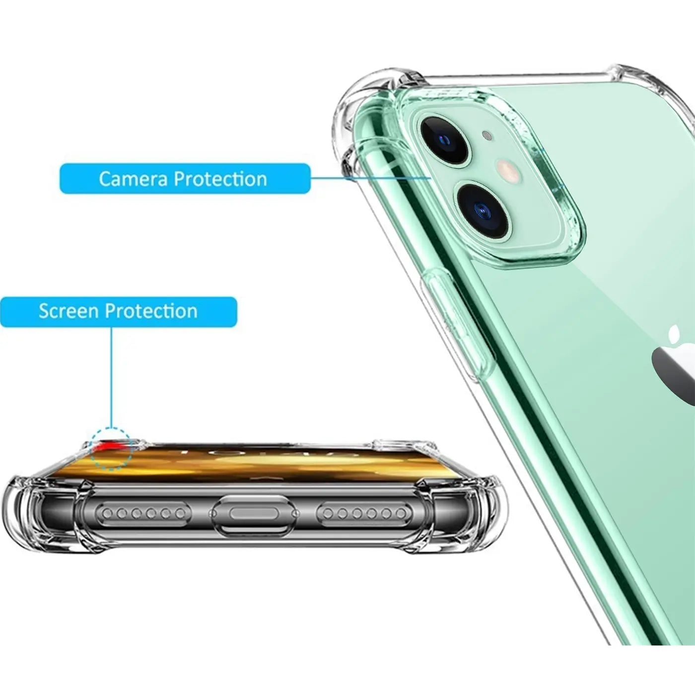 iPhone 11 in klarer Hülle, von schräg unten, mit Hervorhebung von Kamera- und Displayschutz.