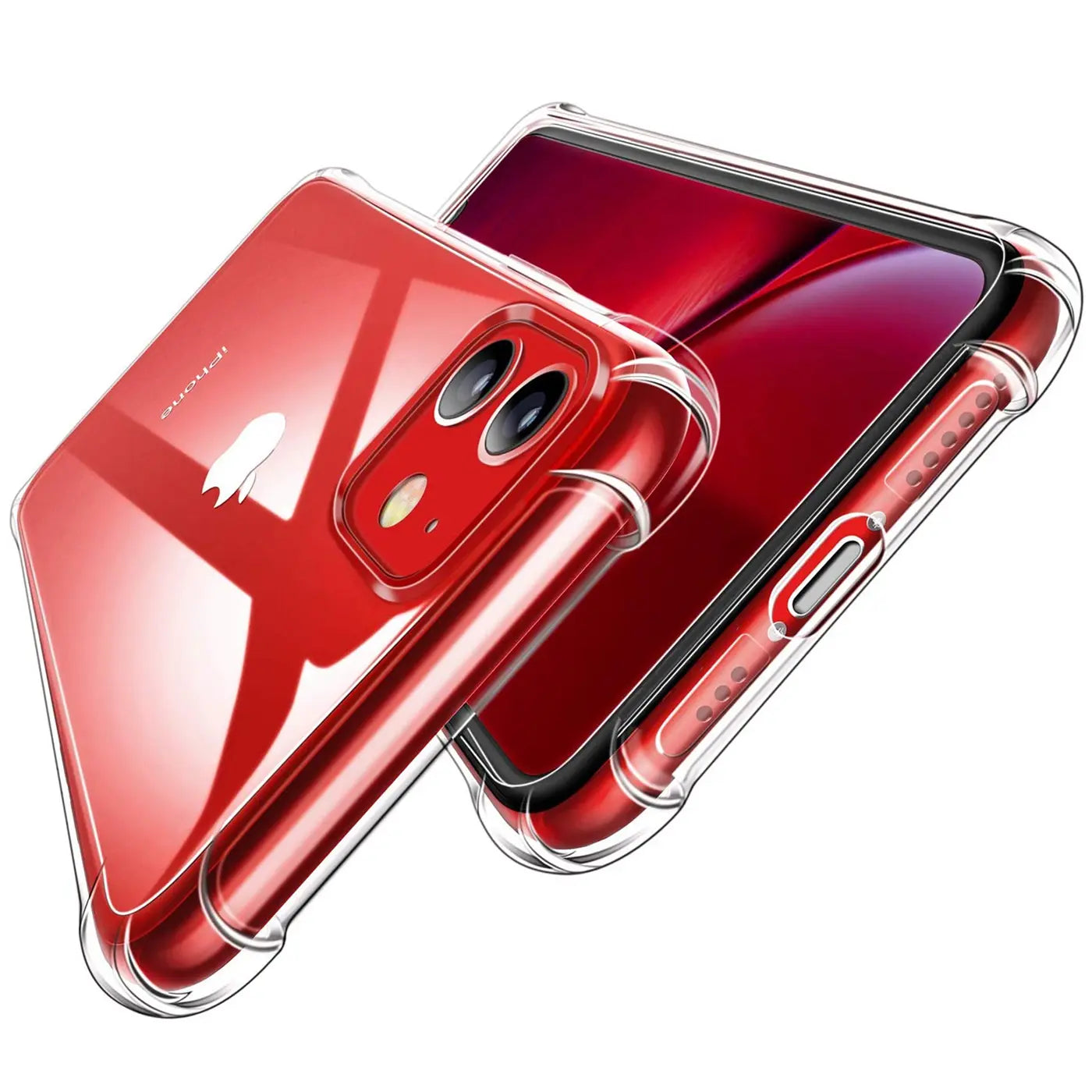 Klarplastikhülle mit verstärkten Ecken auf rotem iPhone 11, Seitenansicht.