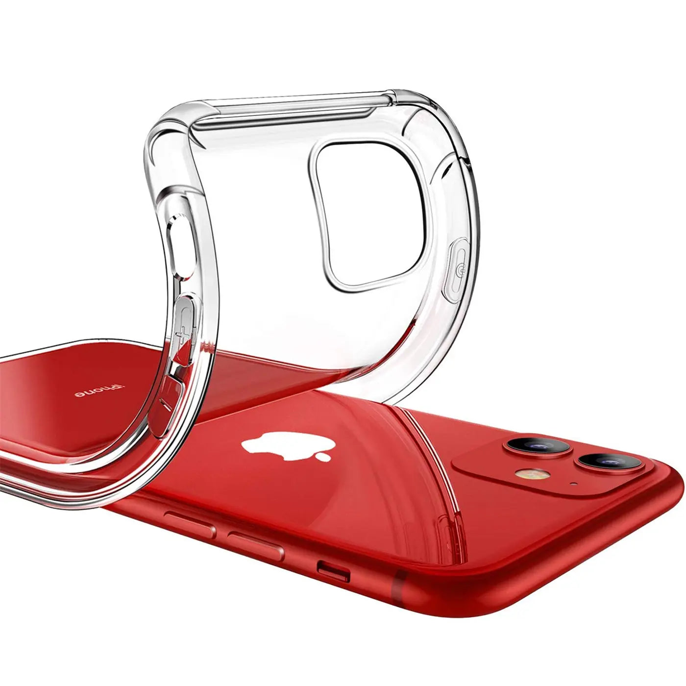 Transparente Silikonhülle über rotem iPhone 11, Draufsicht.