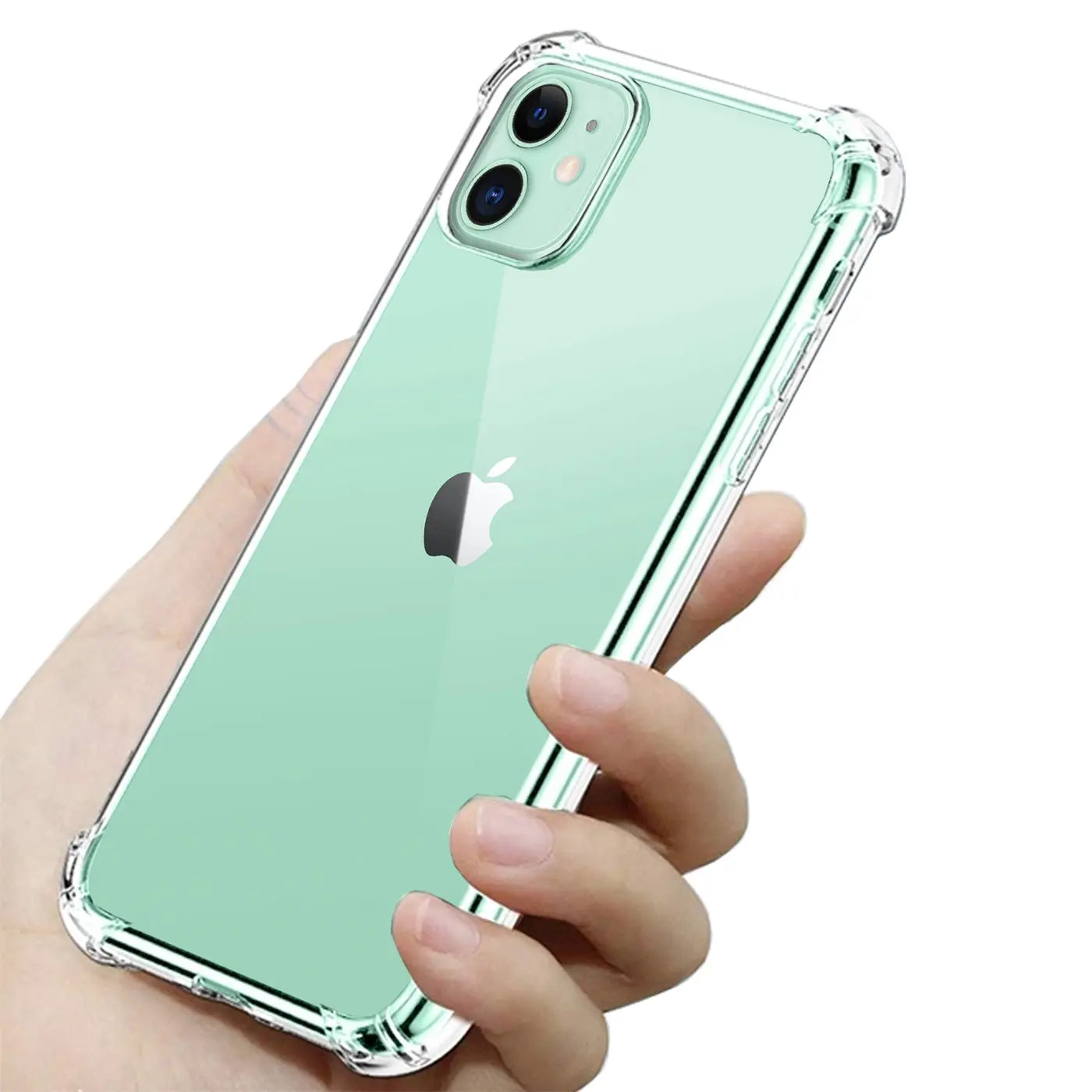 iPhone 11 in transparenter Hülle, von hinten, aus Kunststoff, in Hand gehalten.