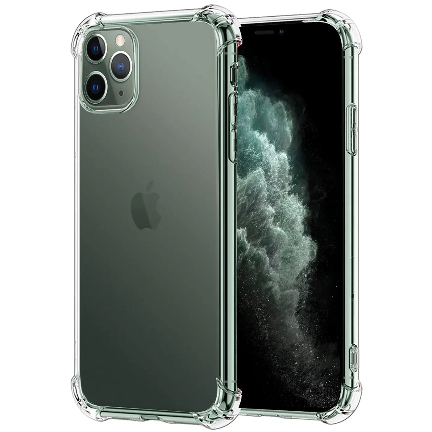 Klar transparente Hülle aus Kunststoff mit verstärkten Ecken um ein iPhone 11 Pro.