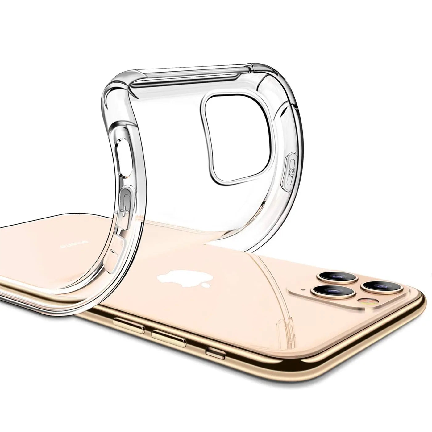 Transparente Silikonhülle auf einem goldenen iPhone 11 Pro, Seitenansicht.