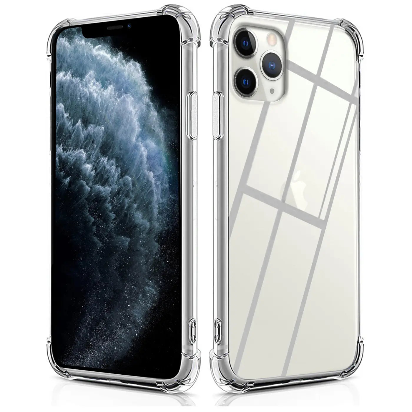 iPhone 11 Pro Max Hülle, transparent, TPU, Seitenansicht und Rückansicht.