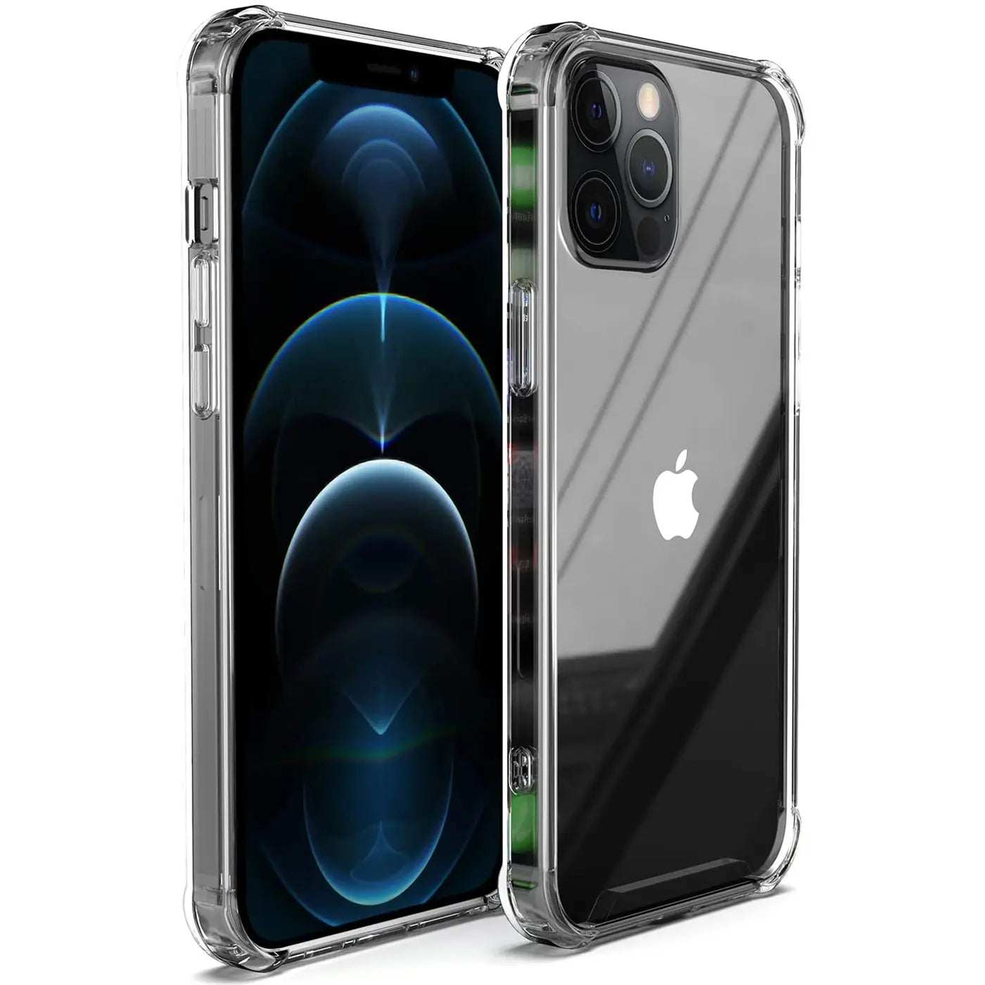 Transparente Hülle aus Kunststoff, zeigt iPhone 12 Pro von vorne und hinten, Seitenansicht.