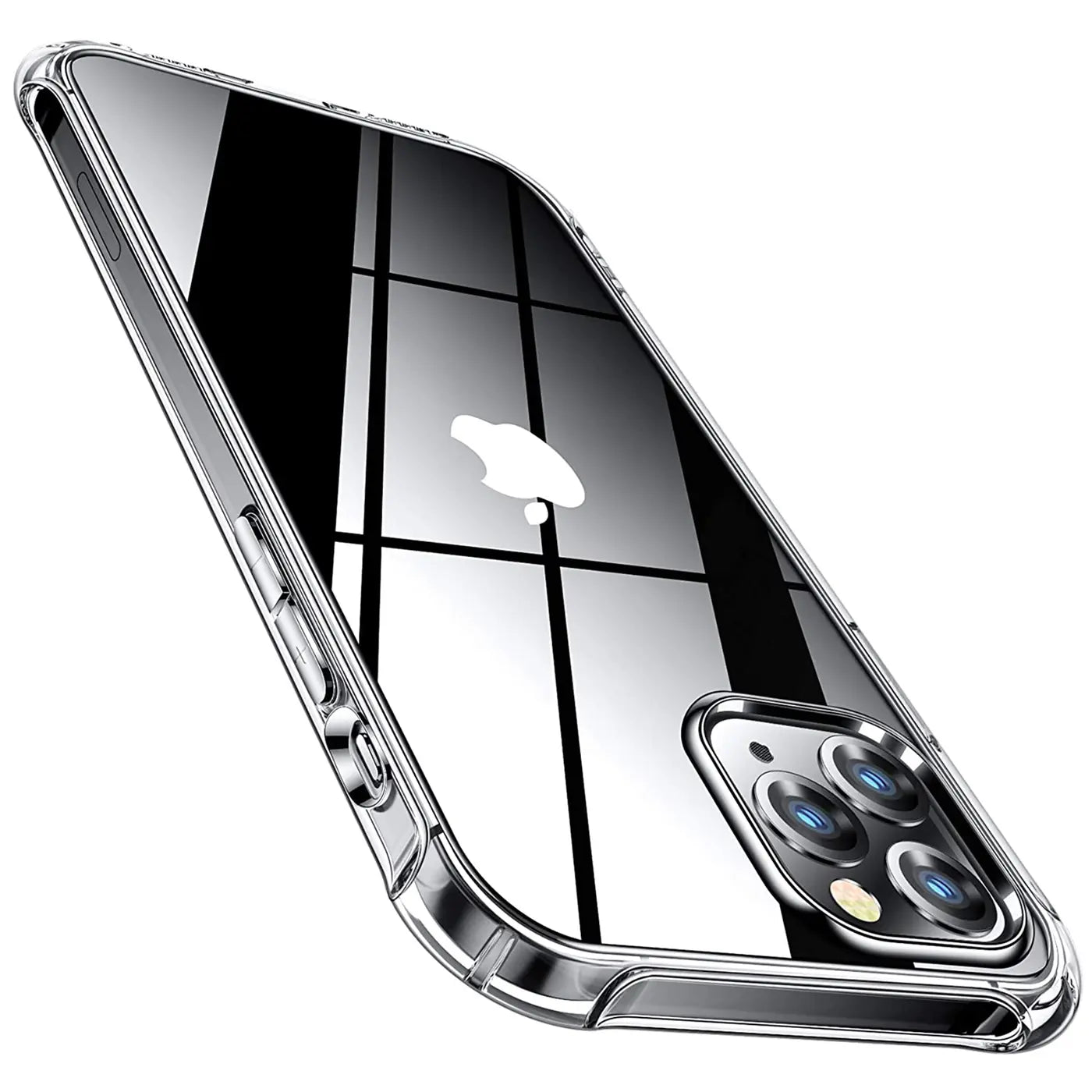 Klar transparente Hülle aus Kunststoff, schräg von oben, zeigt iPhone 12 Pro Kamera