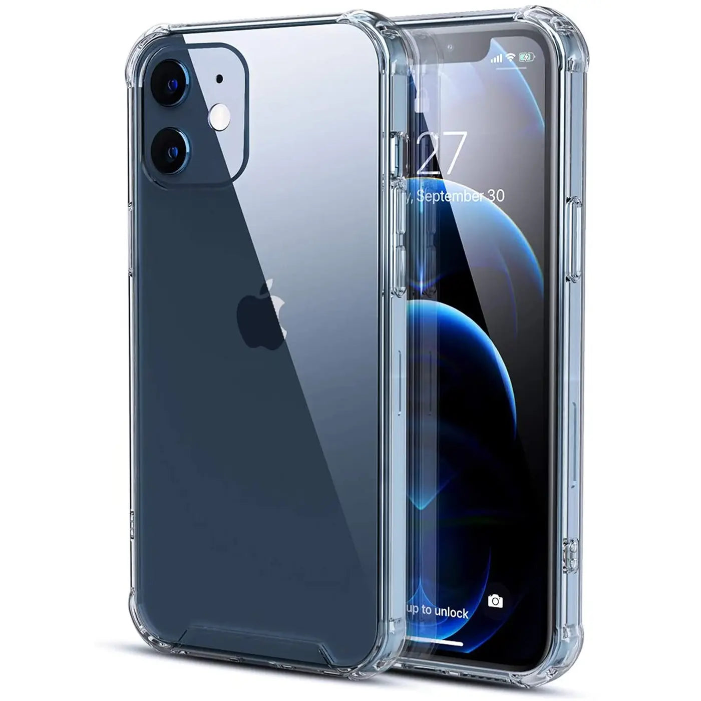Klar transparente Hülle aus Kunststoff, iPhone 12 Mini, Vorder- und Rückansicht.